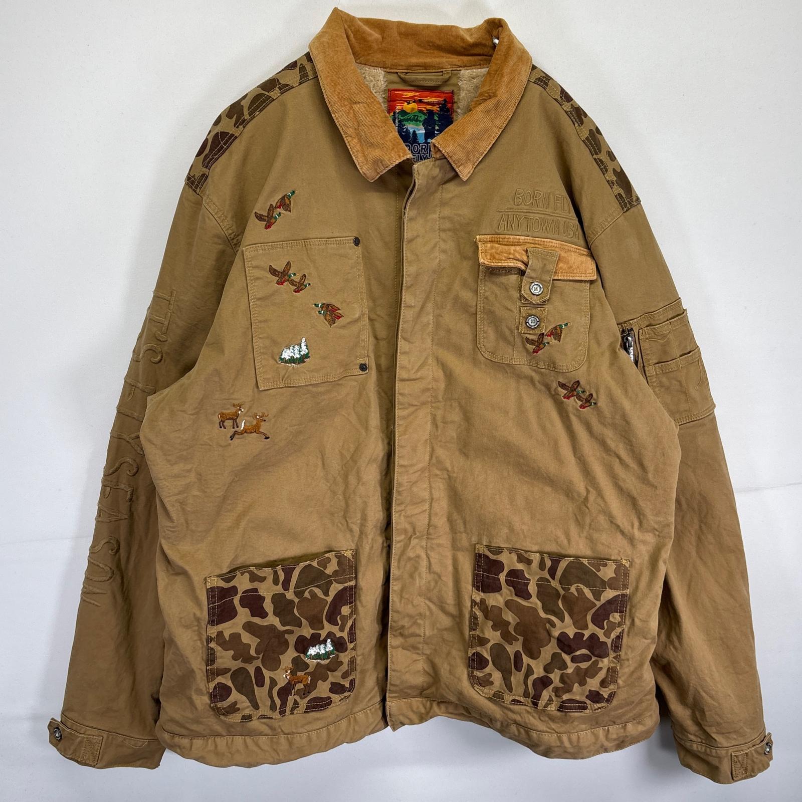 古着 BORN FLY カバーオール サファリジャケット 大きいサイズ ボアライナー 刺繍 3XL ブラウン系 メンズ 【中古】