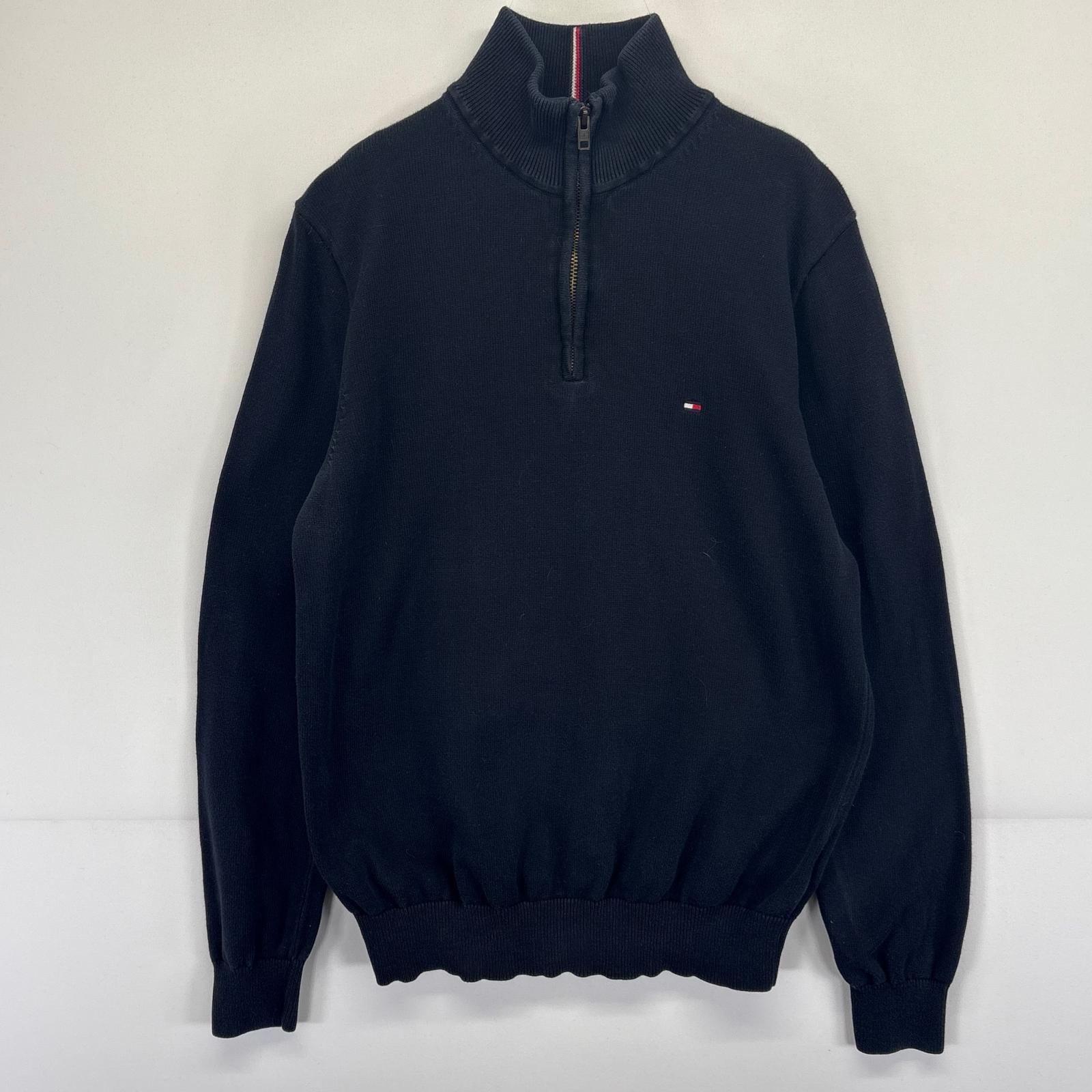 Collaboration - 古着 トミーヒルフィガー TOMMY HILFIGER スウェット トレーナー プルオーバー ハーフジップ ワンポイントロゴ刺繍 S ダークネイビー系 メンズ 【中古】