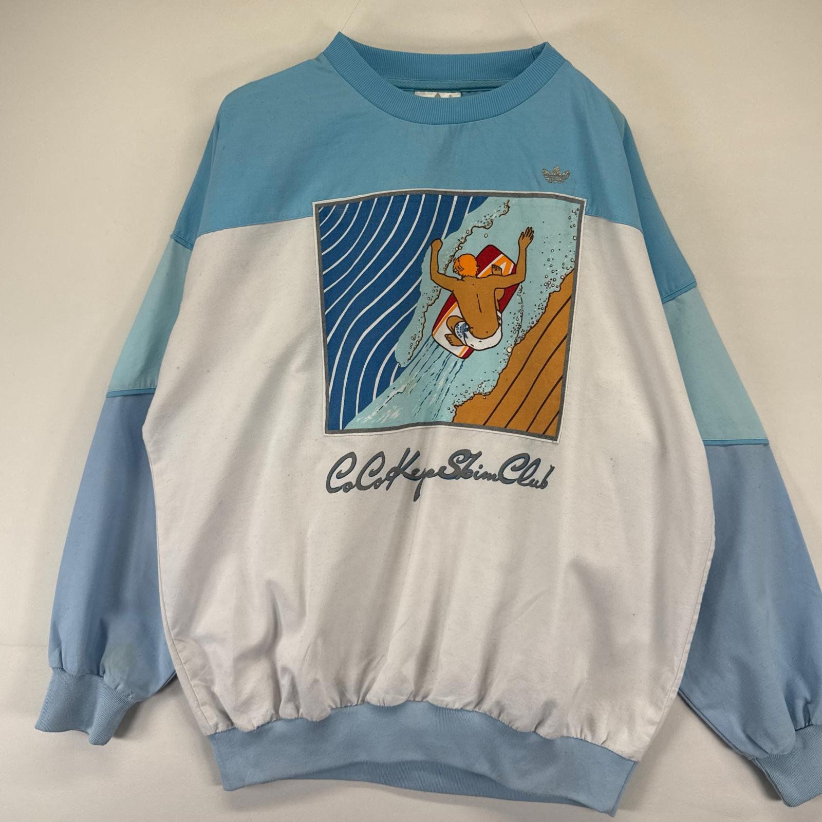Rakuten - 古着 80's/80年代 アディダス adidas 長袖Tシャツ サーフィン サーフ クルーネック バックフルジップ ヴィンテージ 水色系 メンズ 【中古】