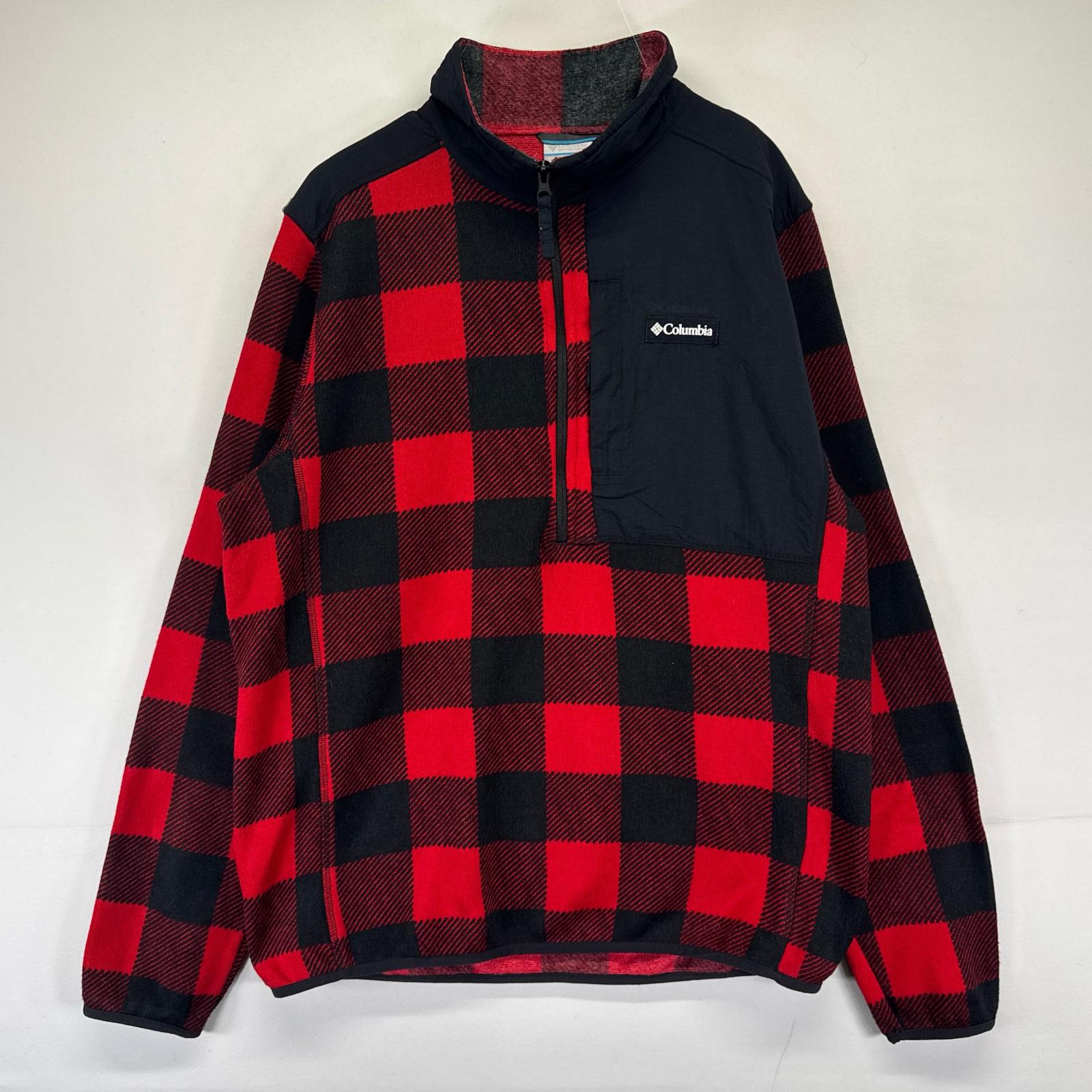 Rakuten - 古着 コロンビア Columbia フリース ジャケット ワンポイントロゴ アウトドア レッド ハーフジップ L ブラック系 チェック メンズ 【中古】