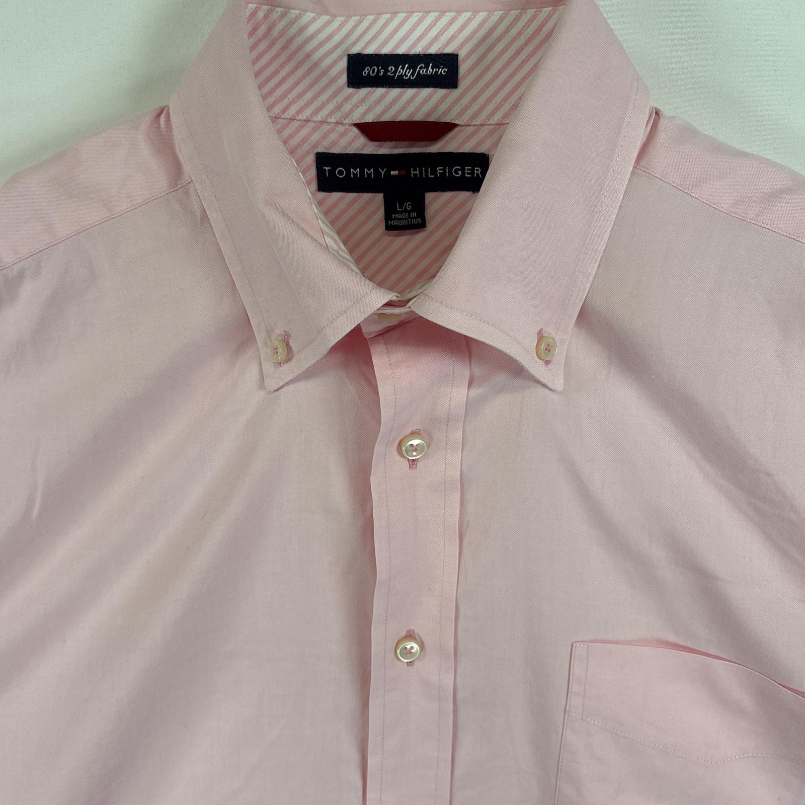 古着 トミーヒルフィガー TOMMY HILFIGER 長袖シャツ ボタンダウンシャツ ワンポイント 刺繍 ロゴ 胸ポケ L ピンク 無地 メンズ 【中古】
