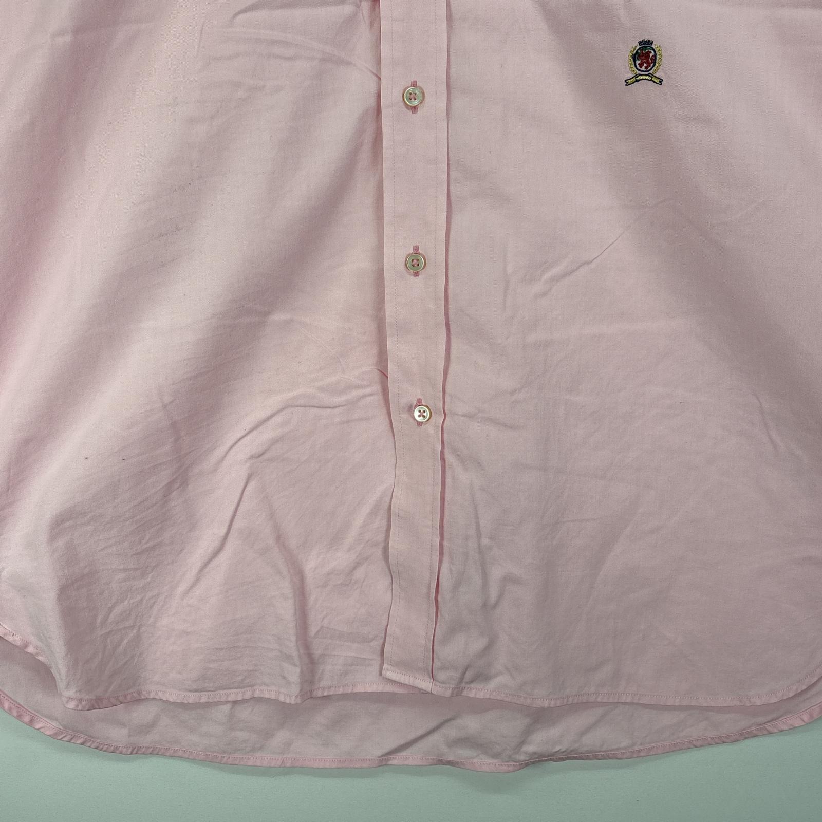 古着 トミーヒルフィガー TOMMY HILFIGER 長袖シャツ ボタンダウンシャツ ワンポイント 刺繍 ロゴ 胸ポケ L ピンク 無地 メンズ 【中古】