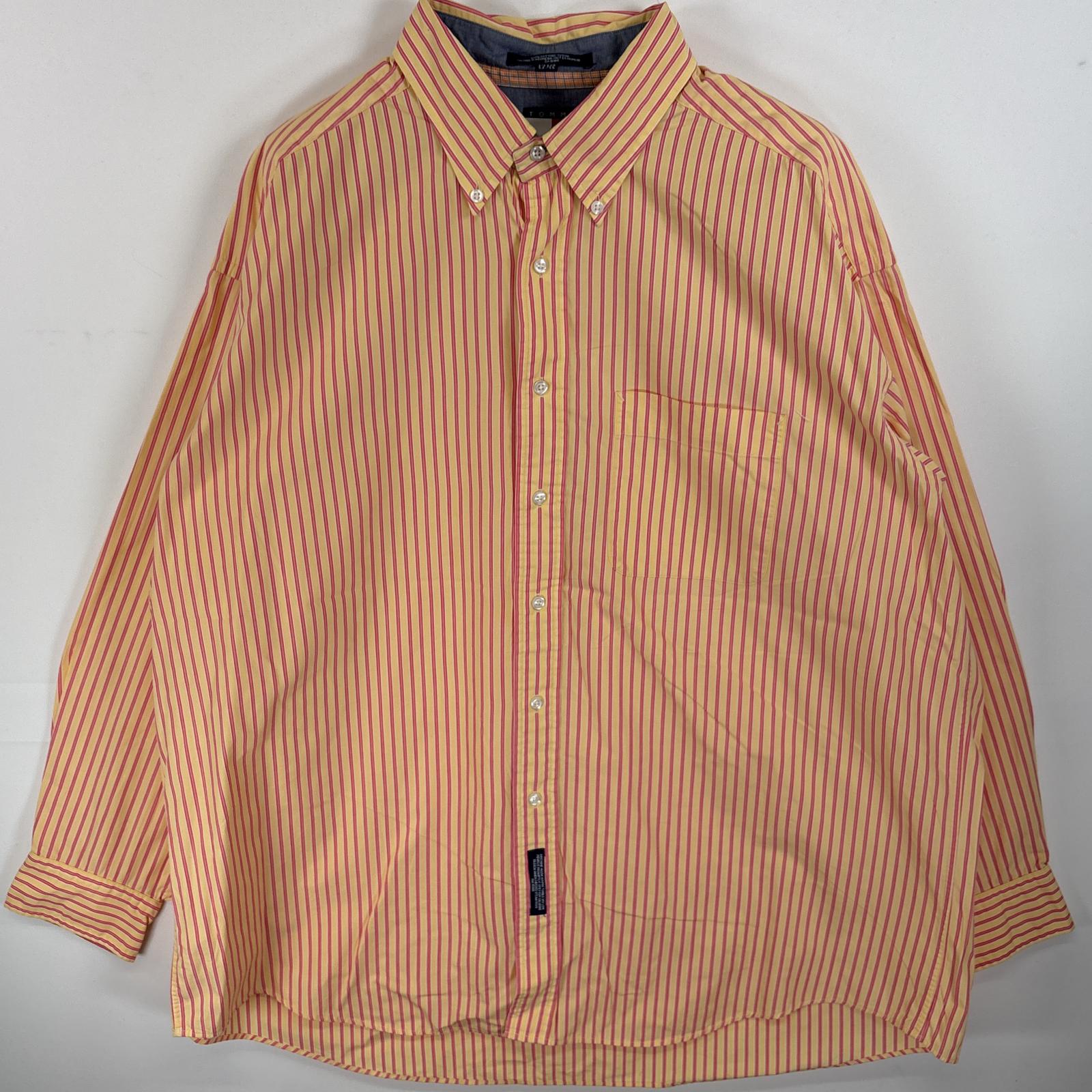 古着 トミーヒルフィガー TOMMY HILFIGER 長袖シャツ ボタンダウンシャツ 胸ポケ アームホール広め 17 1/2 XL-2XL イエロー系 ストライプ メンズ 【中古】