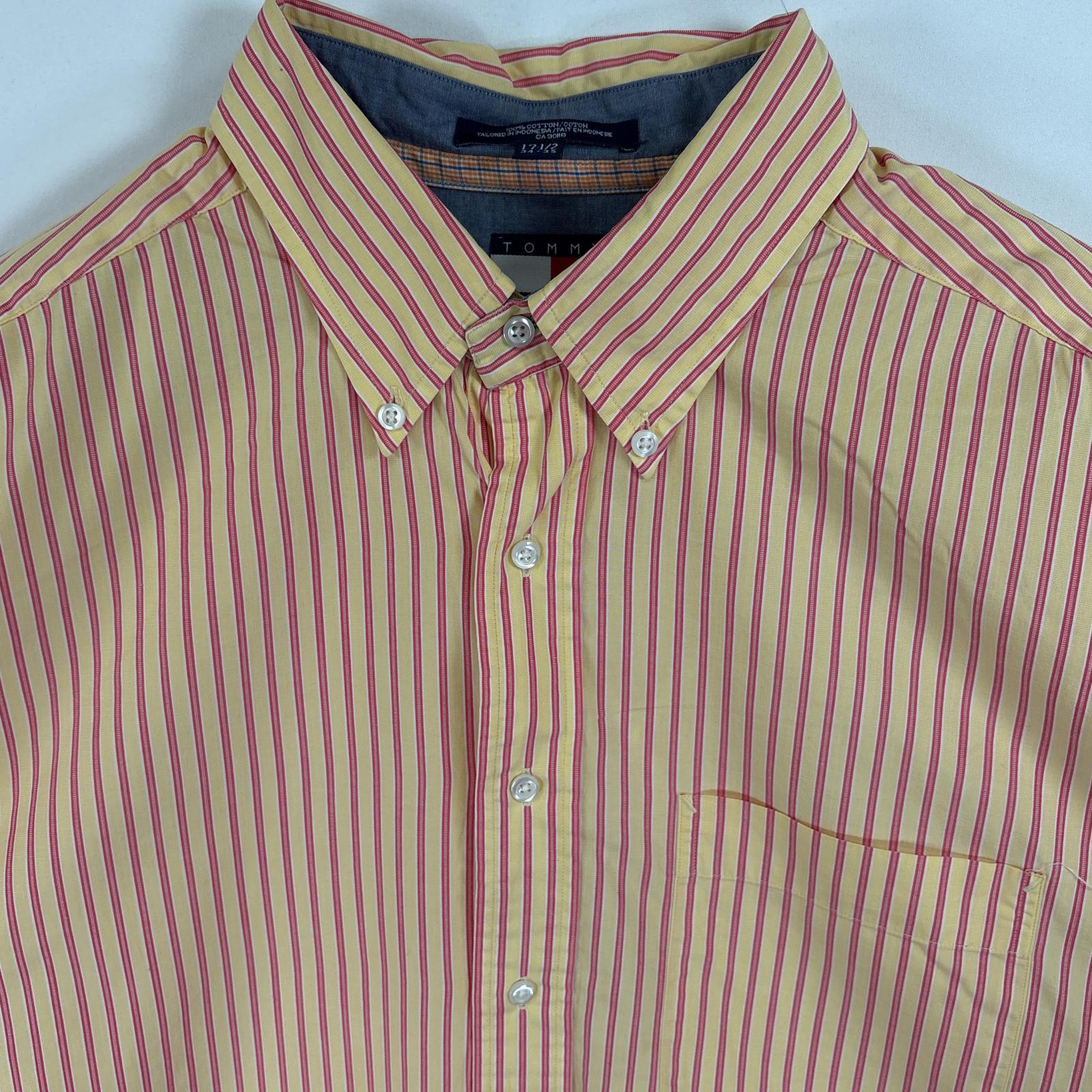 古着 トミーヒルフィガー TOMMY HILFIGER 長袖シャツ ボタンダウンシャツ 胸ポケ アームホール広め 17 1/2 XL-2XL イエロー系 ストライプ メンズ 【中古】