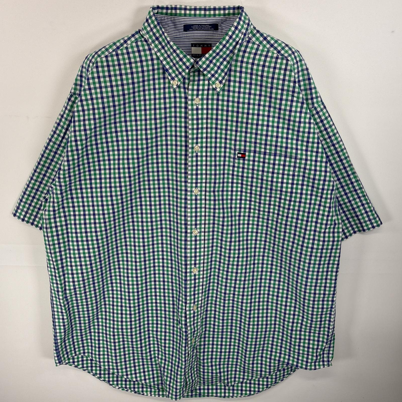 古着 90's/90年代 トミーヒルフィガー TOMMY HILFIGER 半袖シャツ ボタンダウンシャツ ワンポイント ロゴ 刺繍 胸ポケ XXL グリーン系 チェック メンズ 【中古】(4)