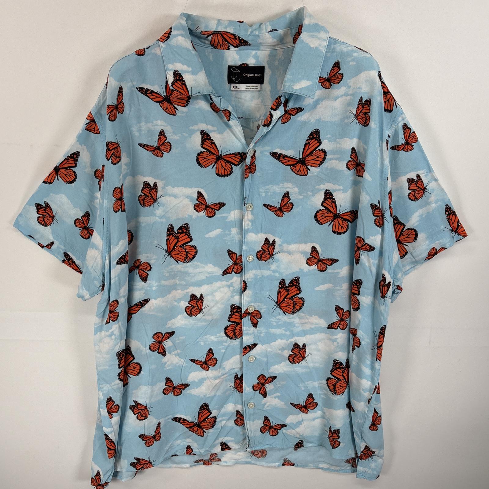 古着 ORIGINAL USE 半袖シャツ 柄シャツ バタフライ オープンカラー XXL 水色系 総柄 メンズ 【中古】