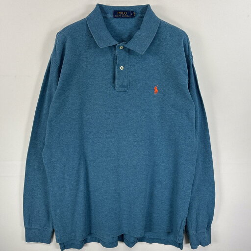 古着 ポロ・ラルフローレン POLO RALPH LAUREN 長袖 ポロシャツ ワンポイント ロゴ 刺繍 混色生地 2ボタン L ブルー系 無地 メンズ 【中古】
