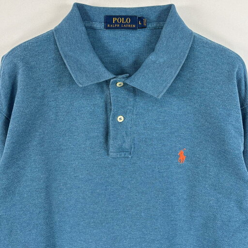 古着 ポロ・ラルフローレン POLO RALPH LAUREN 長袖 ポロシャツ ワンポイント ロゴ 刺繍 混色生地 2ボタン L ブルー系 無地 メンズ 【中古】