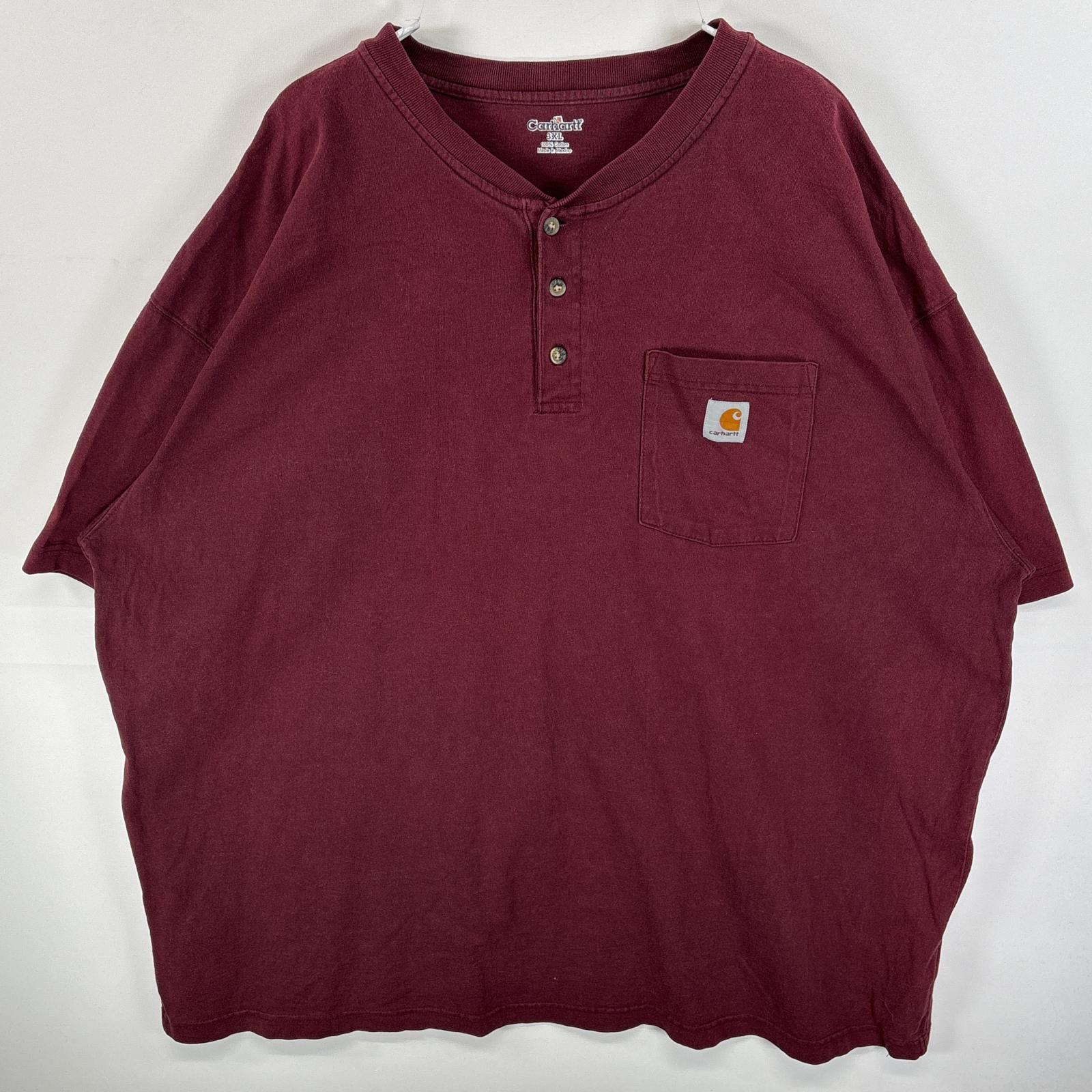 古着 カーハート Carhartt 半袖Tシャツ 肉厚 ヘンリーネック ワンポイント ロゴ 3XL ワインレッド 無地 メンズ 【中古】