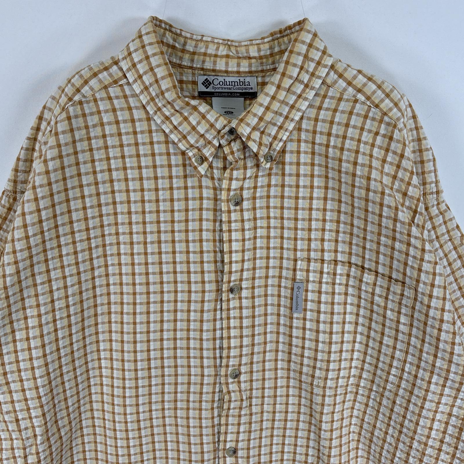 古着 コロンビア Columbia シアサッカー 半袖シャツ ボタンダウンシャツ ワンポイント ロゴ 大きいサイズ 2XL イエロー系 チェック メンズ 【中古】