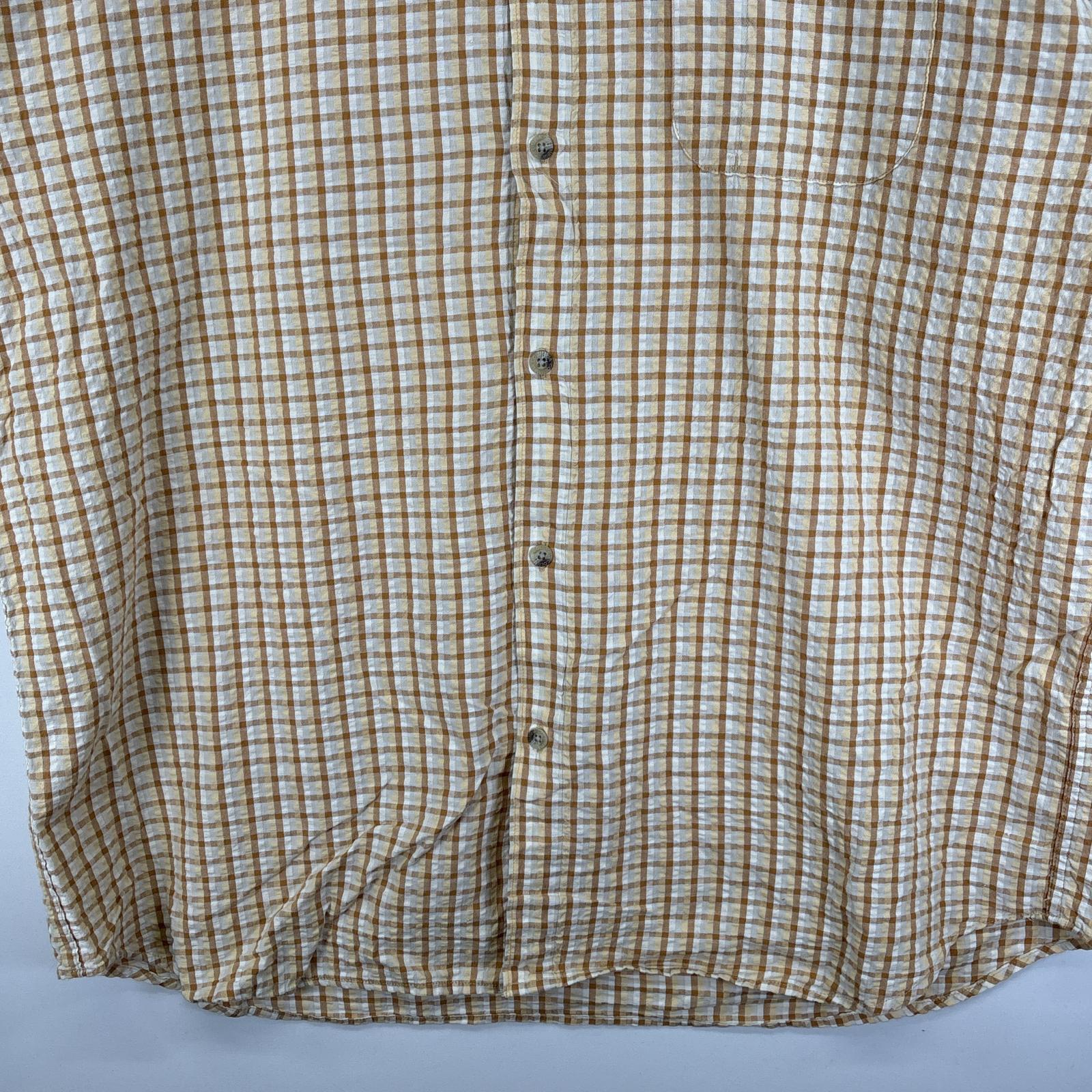 古着 コロンビア Columbia シアサッカー 半袖シャツ ボタンダウンシャツ ワンポイント ロゴ 大きいサイズ 2XL イエロー系 チェック メンズ 【中古】