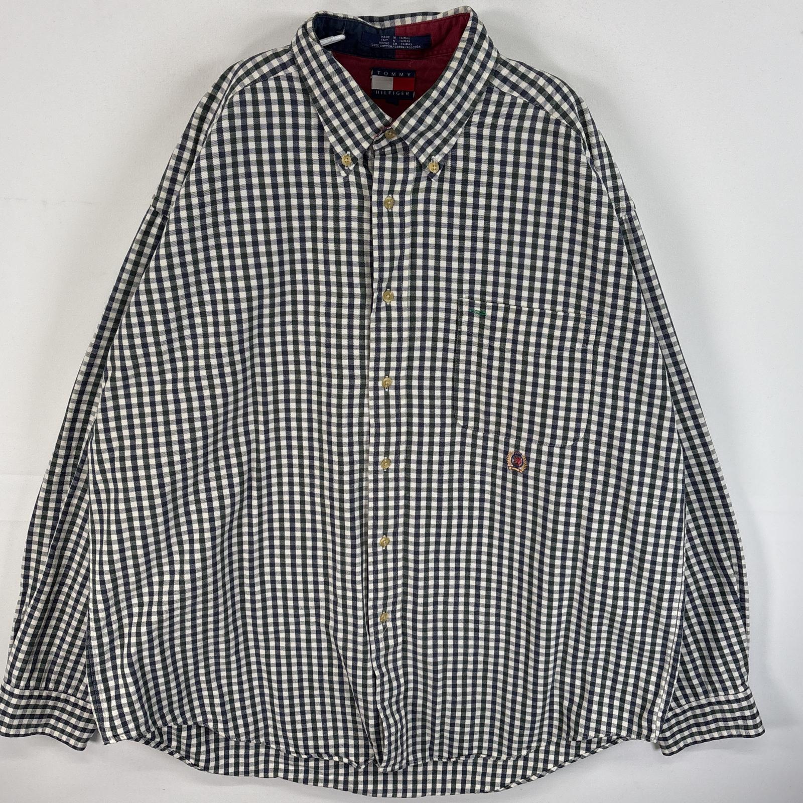 古着 90's/90年代 トミーヒルフィガー TOMMY HILFIGER 長袖シャツ ワンポイント ロゴ 刺繍 ボタンダウンシャツ 大きいサイズ XL ネイビー系 チェック メンズ 【中古】