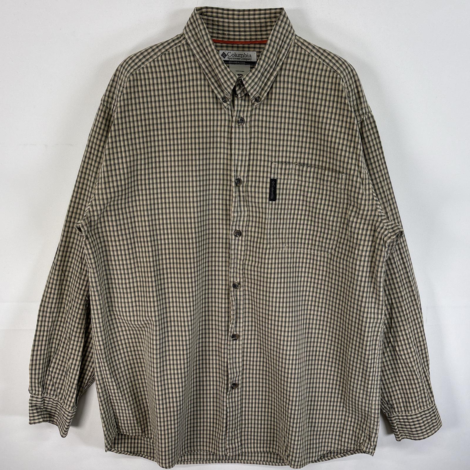 古着 コロンビア Columbia 長袖シャツ ボタンダウンシャツ ワンポイント ロゴ 胸ポケ L グリーン系 チェック メンズ 【中古】