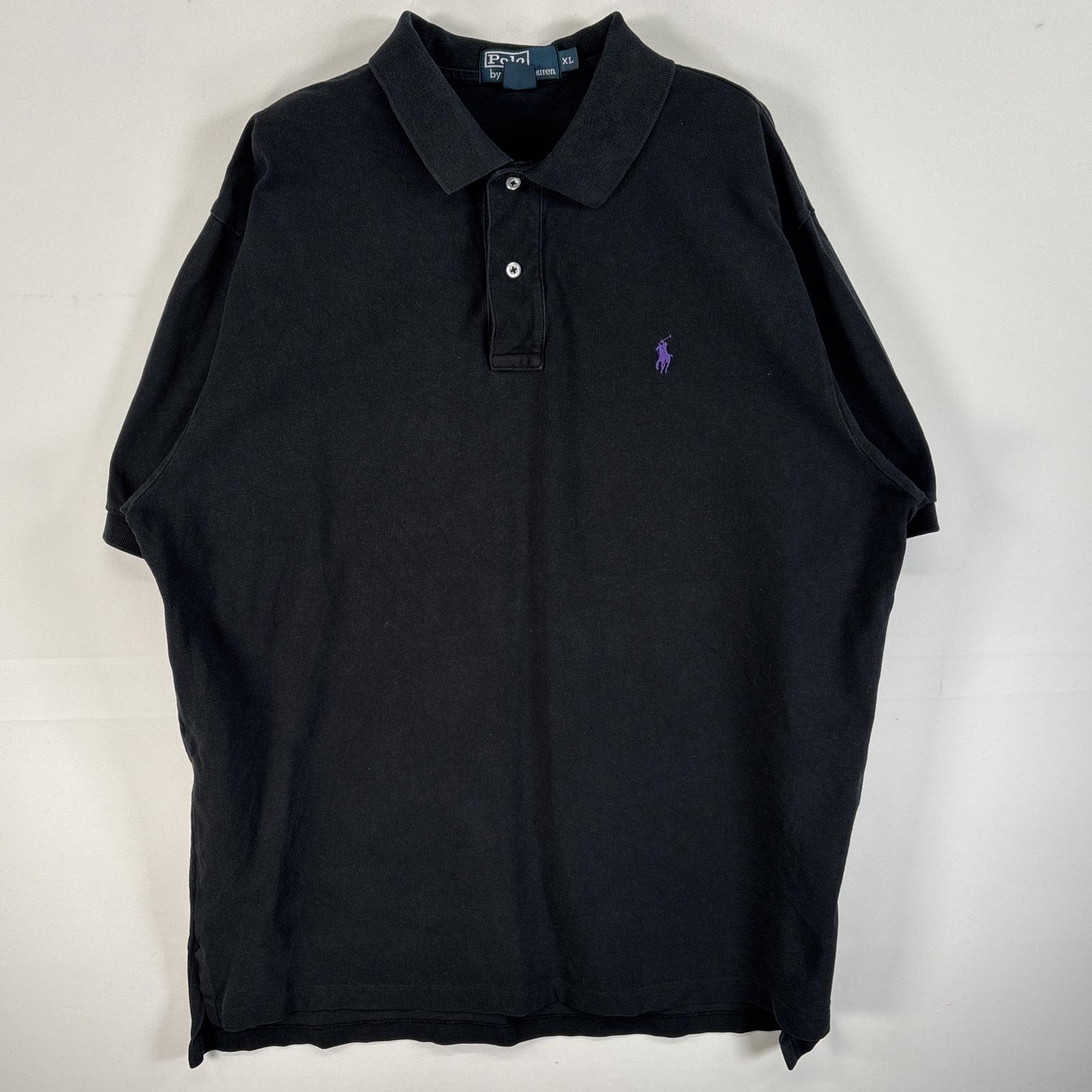 Rakuten - 古着 90's/90年代 ポロバイラルフローレン Polo by Ralph Lauren 鹿の子 半袖 ポロシャツ ロゴ 刺繍 2ボタン 大きいサイズ XL ブラック 無地 メンズ 【中古】