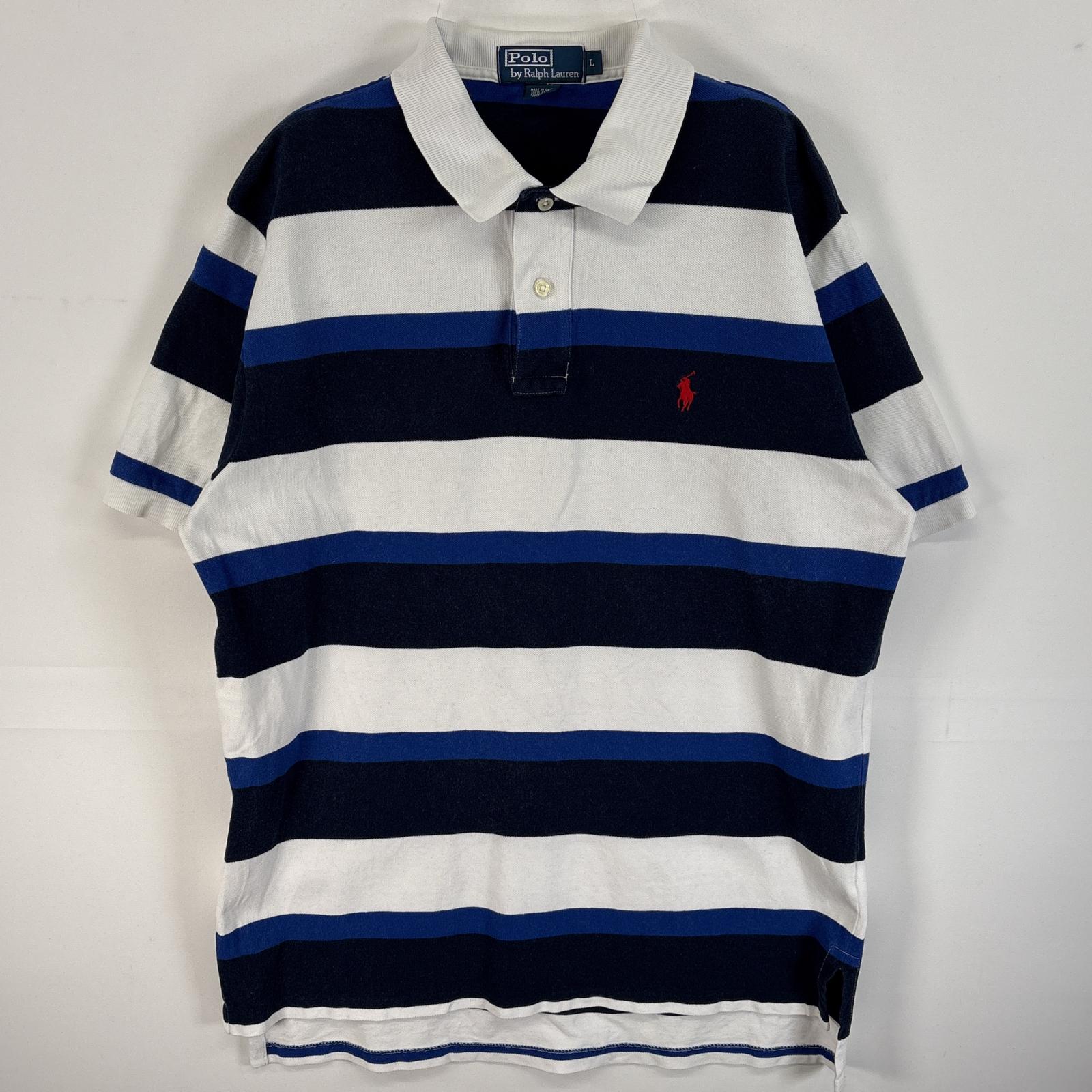 古着 90's/90年代 ポロバイラルフローレン Polo by Ralph Lauren 鹿の子 半袖 ポロシャツ ロゴ 刺繍 ボーダー 2ボタン L ブルー系 マル..