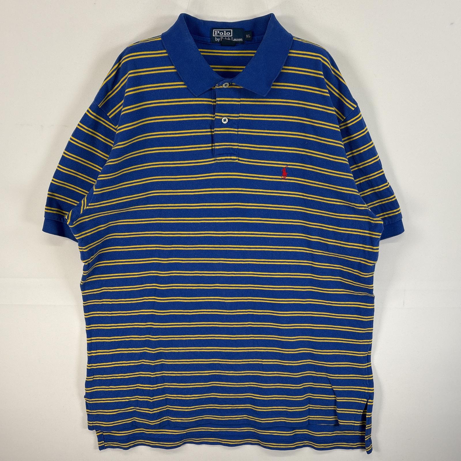 古着 90's/90年代 ポロバイラルフローレン Polo by Ralph Lauren 鹿の子 半袖 ポロシャツ ロゴ 刺繍 大きいサイズ 2トーン XL ブルー系 ボーダー メンズ 【中古】