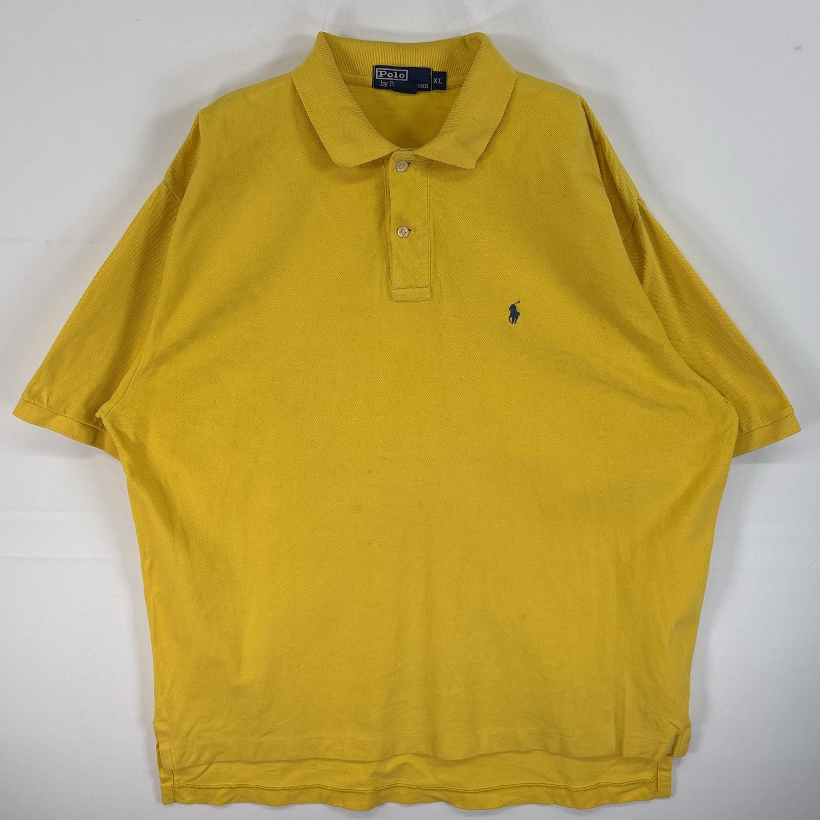 古着 90's/90年代 ポロバイラルフローレン Polo by Ralph Lauren 鹿の子 半袖 ポロシャツ ロゴ 刺繍 2ボタン 大きいサイズ XL イエロー 無地 メンズ 【中古】
