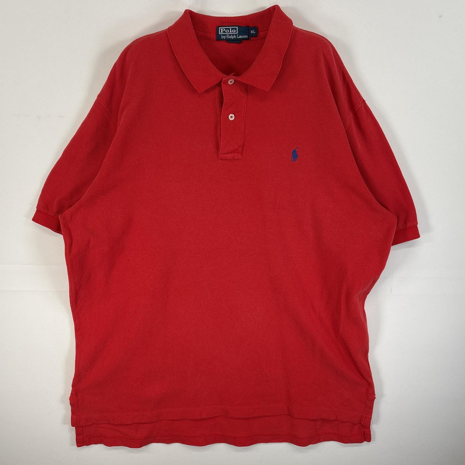 古着 90's/90年代 ポロバイラルフローレン Polo by Ralph Lauren 鹿の子 半袖 ポロシャツ ロゴ 刺繍 大きいサイズ 2ボタン XL レッド 無地 メンズ 【中古】