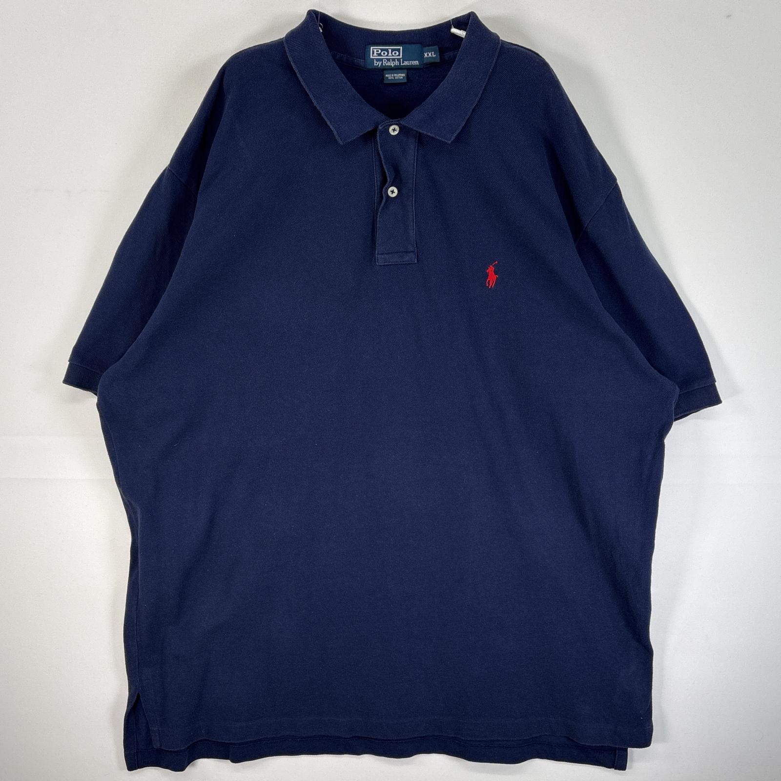 古着 90's/90年代 ポロバイラルフローレン Polo by Ralph Lauren 鹿の子 半袖 ポロシャツ ロゴ 刺繍 大きいサイズ 2ボタン XXL ネイビー 無地 メンズ 【中古】