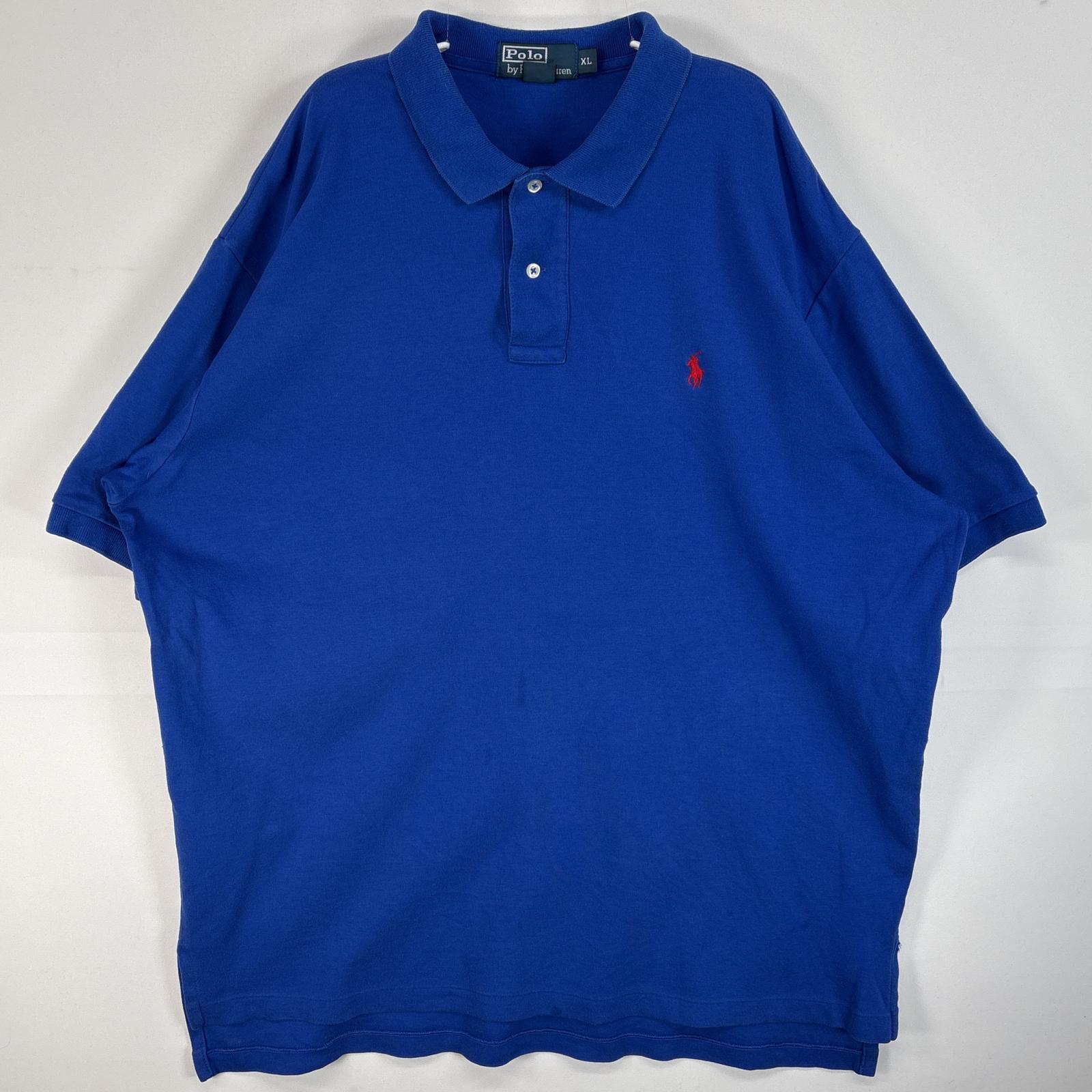 古着 90's/90年代 ポロバイラルフローレン Polo by Ralph Lauren 半袖 ポロシャツ ロゴ 刺繍 大きいサイズ 2ボタン XL ブルー 無地 メンズ 【中古】