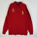古着 90's/90年代 ポロバイラルフローレン Polo by Ralph Lauren 鹿の子 長袖 ポロシャツ ビッグポニー 2ボタン ロゴ エンブレム 背番号 M レッド 無地 メンズ 【中古】