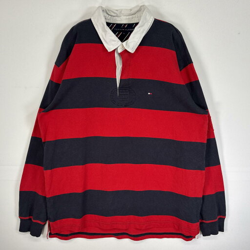 古着 トミーヒルフィガー TOMMY HILFIGER 長袖 ラガーシャツ ロゴ 刺繍 大きいサイズ バック刺繍 XL レッド系 ボーダー メンズ 【中古】 古着 トミーヒルフィガー TOMMY HILFIGER 長袖 ラガーシャツ ロゴ 刺繍 大きいサイズ バック刺繍 XL レッド系 ボーダー メンズ 【中古】