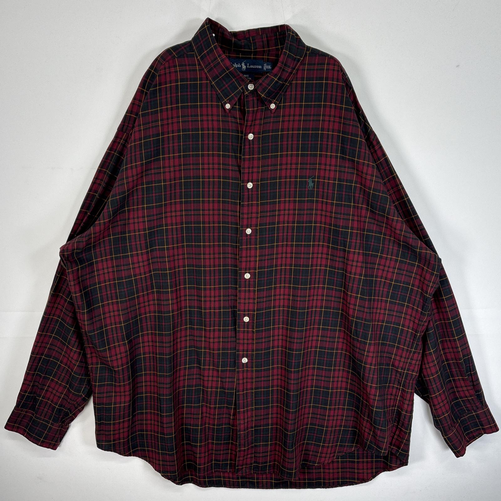 古着 ラルフローレン RALPH LAUREN 長袖シャツ チェック柄 大きいサイズ 薄手 ロゴ 刺繍 XXL ワインレッド系 マルチカラー メンズ 【中古】