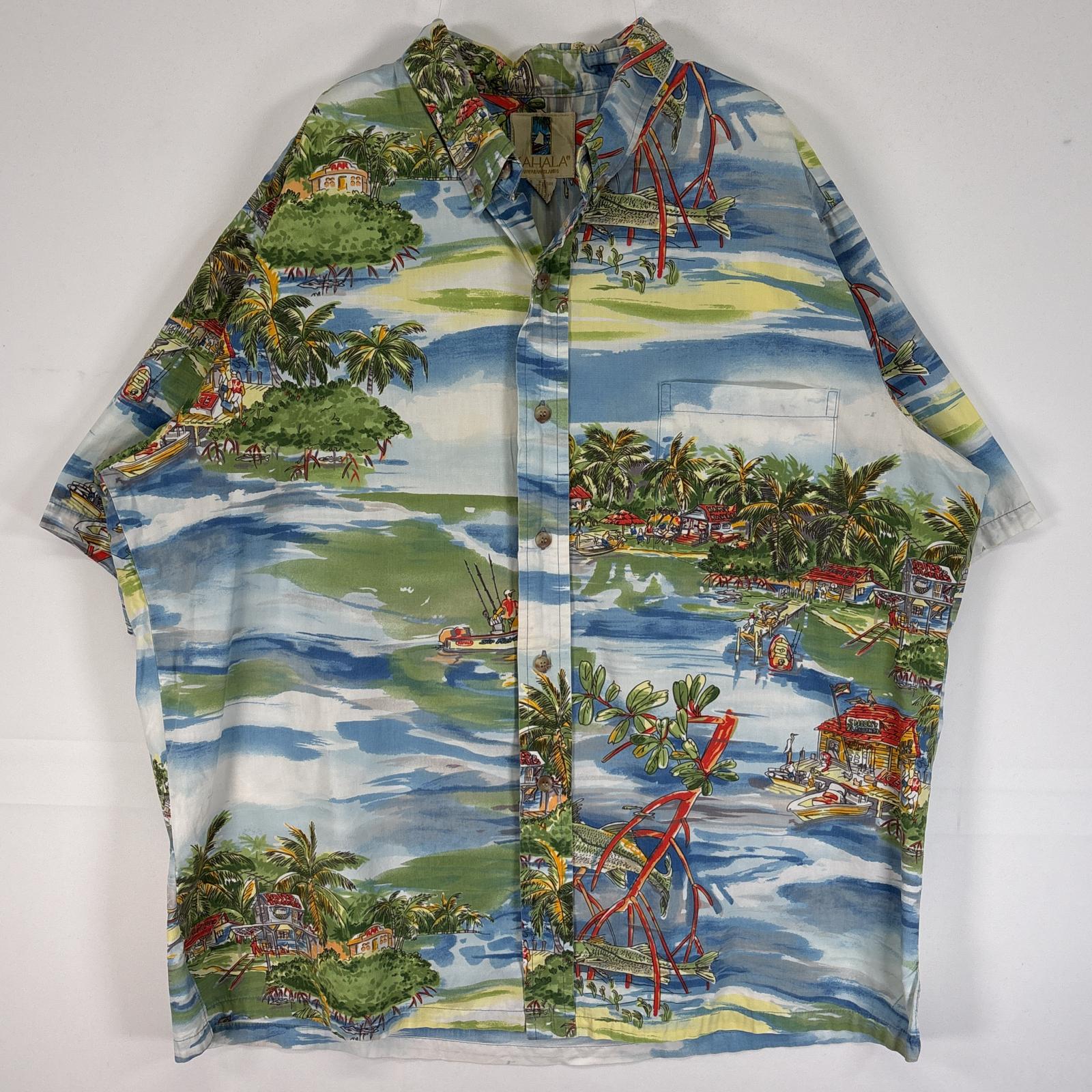 古着 KAHALA 半袖シャツ ハワイ製 魚 ヤシの木 ボタンダウン L 水色 総柄 メンズ 【中古】