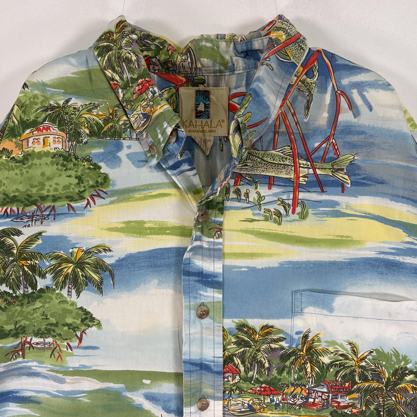 古着 KAHALA 半袖シャツ ハワイ製 魚 ヤシの木 ボタンダウン L 水色 総柄 メンズ 【中古】