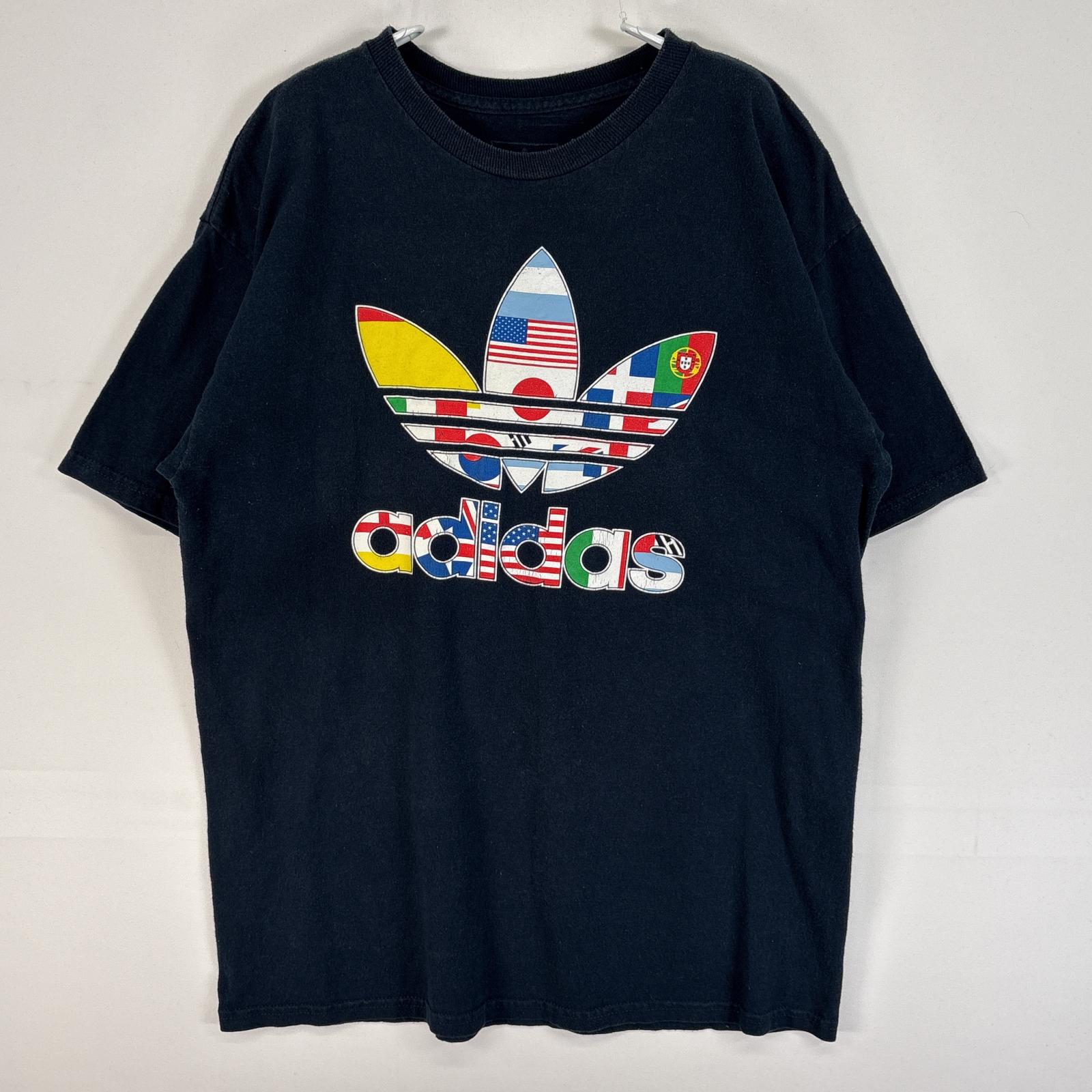 古着 アディダス adidas 半袖Tシャツ トレフォイル ロゴ プリント 肉厚 万国 M ネイビー 無地 メンズ 【中古】