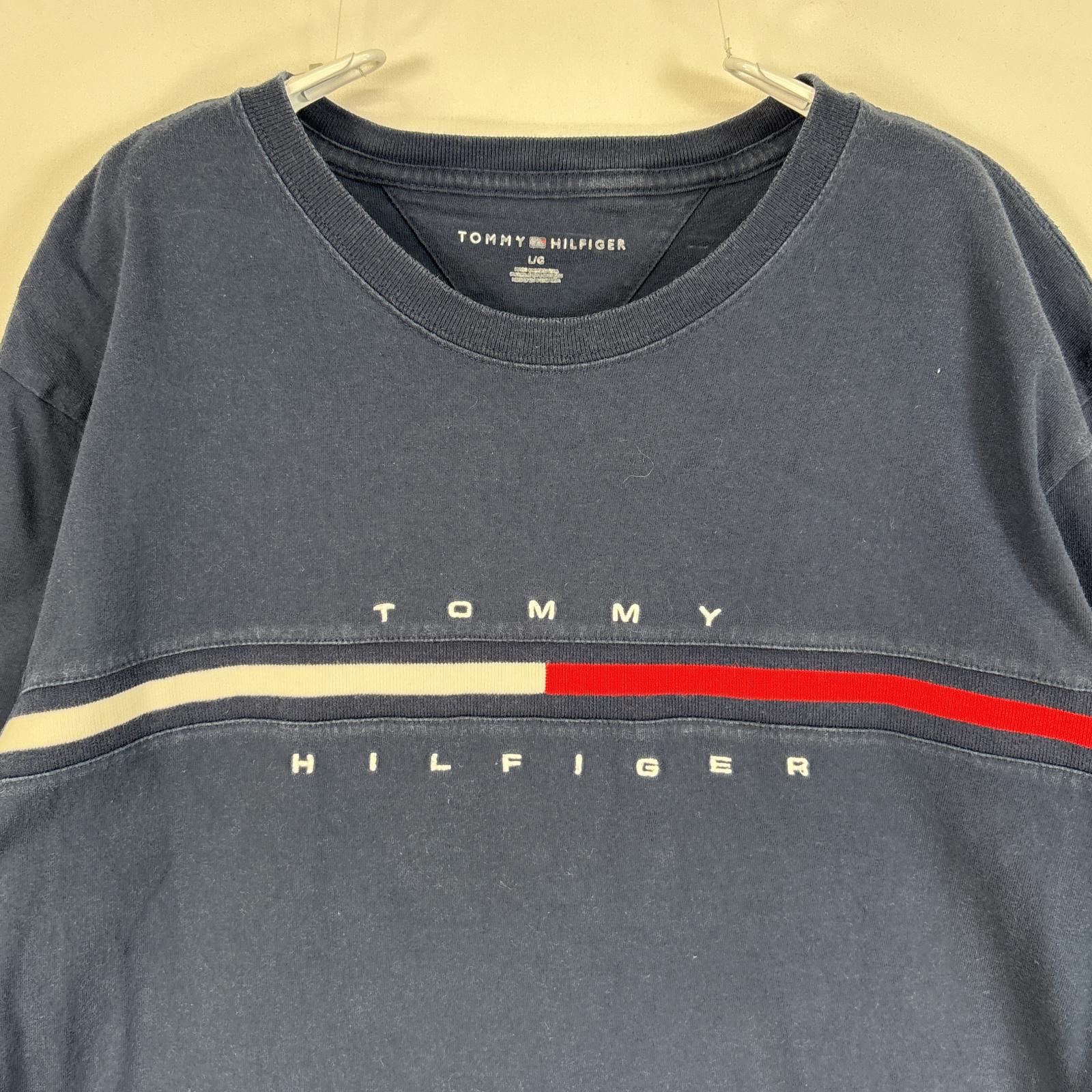 古着 トミーヒルフィガー TOMMY HILFIGER 半袖Tシャツ 刺繍 デザイン ロゴ クルーネック L ネイビー メンズ 【中古】