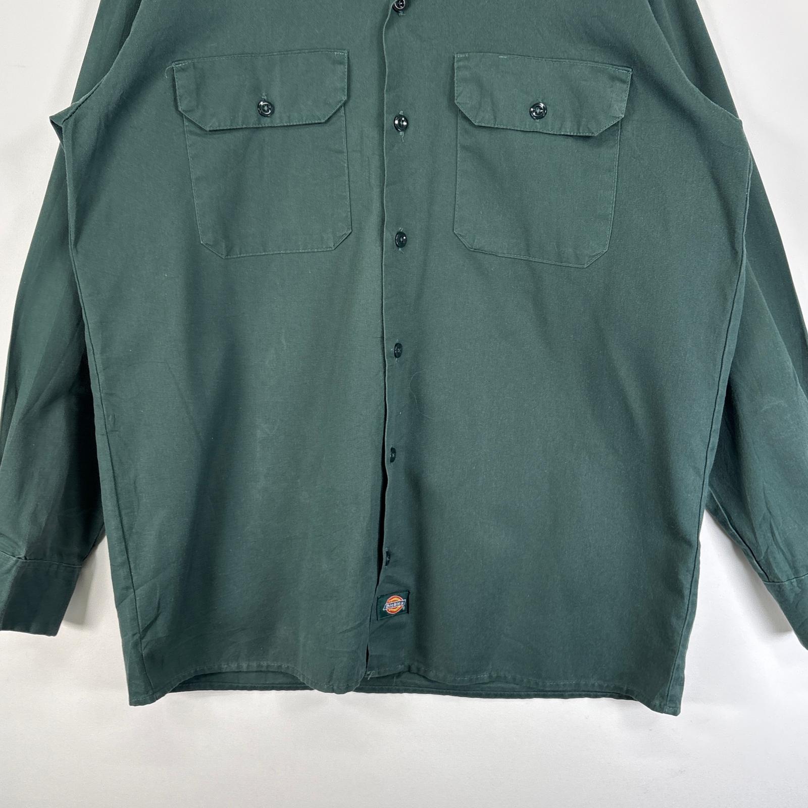 古着 ディッキーズ Dickies 長袖シャツ ワーク 作業着 フラップポケ ワンポイント ロゴ M グリーン 無地 メンズ 【中古】