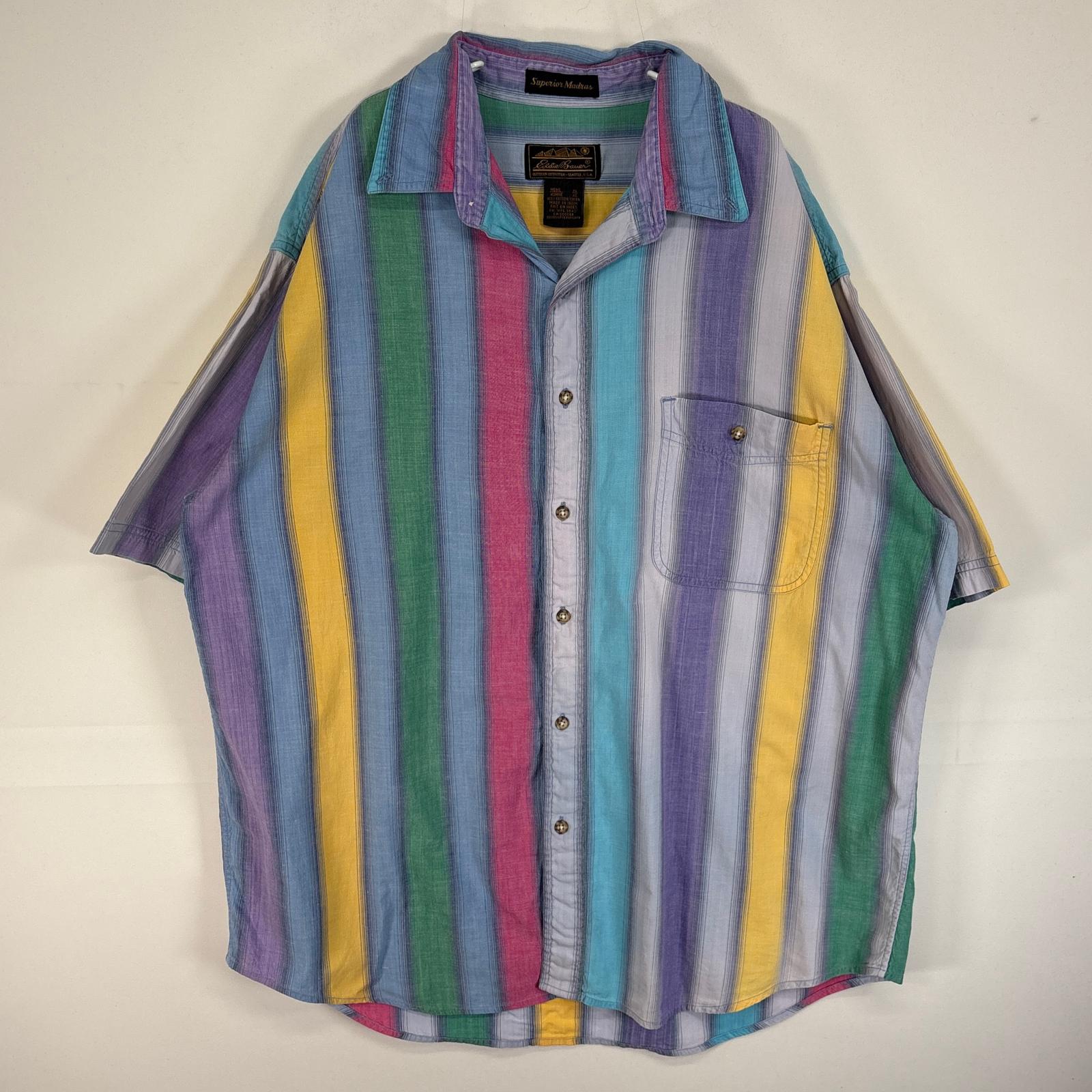 楽天古着屋NIKKU古着 80's/80年代 ヴィンテージ エディー・バウアー Eddie Bauer 半袖シャツ マドラス 大きいサイズ 胸ポケ XL マルチカラー ストライプ メンズ 【中古】