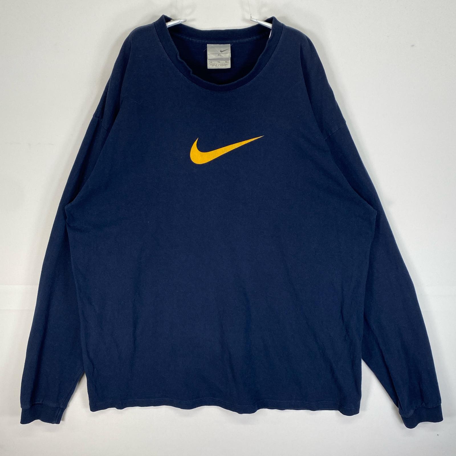 古着 00’s/00年代 ナイキ NIKE 長袖Tシャツ クルーネック センター　ロゴ　スウッシュ 大きいサイズ XL ネイビー 両面プリント メンズ 【中古】