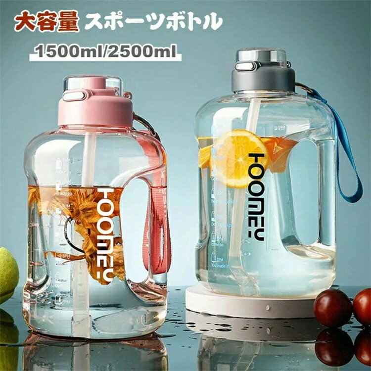 スポーツボトル 大容量 1500ml 2500ml 水筒 ストロー 目盛り 1.5L 2.5L ウォーターボトル 透明 大人 ウ..