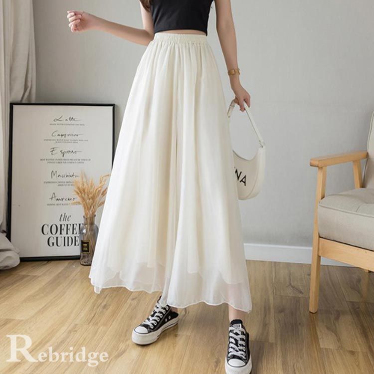 ワイドパンツ ワイドパンツ スカーチョ ウェストゴム チュールパンツ きれいめ イ...