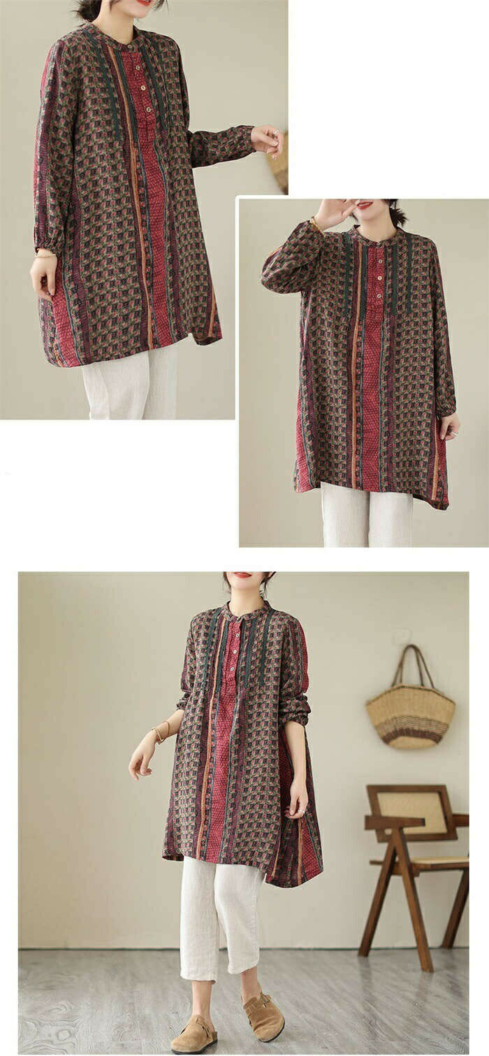 チュニック ワンピース 花柄 レディース ロング シャツ シャツワンピース チュニック ブラウス 配色 長袖 プルオーバー バンドカラー 綿麻風 チュニックワンピース トップス コットン リネン混 森ガール キレイめ 大きいサイズ 体型カバー ゆったり エスニック 送料無料