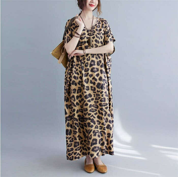 マキシワンピース レディース ワンピ Vネック ロングワンピース ロングワンピ ロング丈 ヒョウ柄ワンピース 半袖 シャツワンピース ドルマンスリーブ マキシ丈 フレンチスリーブ ゆったり 体型カバー 大きいサイズ 着やせ キレイめ おしゃれ 30代 40代 春 夏 送料無料