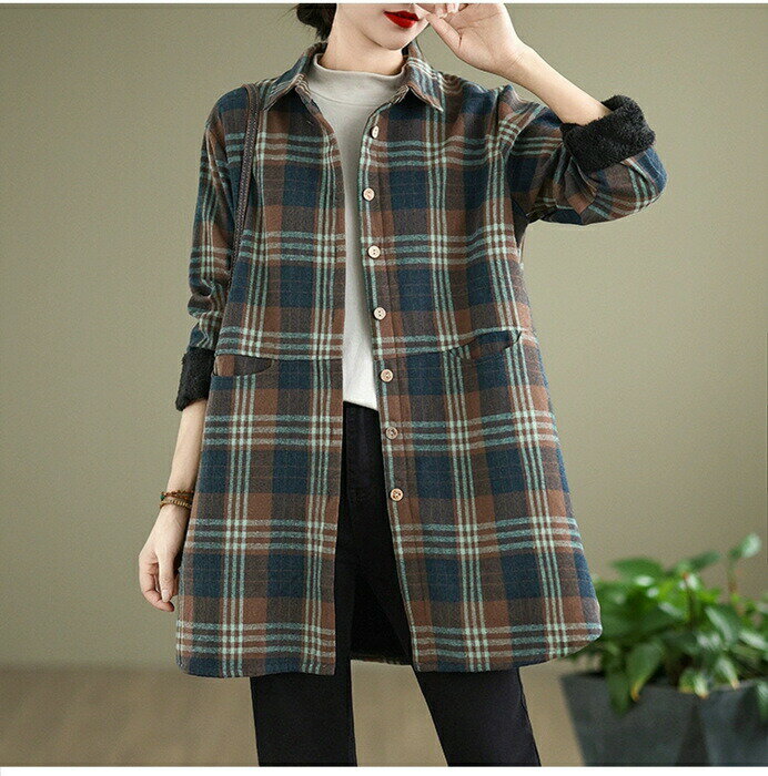 チュニック ロングシャツ チェック 秋冬 ブラウス 長袖 ロング レディース ジャケット アウター 裏起毛..