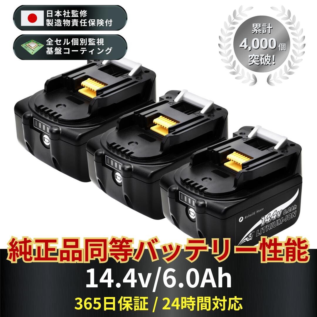 マキタ バッテリー 14.4V 6.0Ah 互換性 BL1460B 残量表示付き 3個セット マキタ電動工具 makita マキタバッテリー バッテリー14v マキタ互換 互換バッテリー 交換 替え マキタ互換バッテリー 14.4 dc18rf 電動工具 マキタ工具 ltx 互換 セット まとめ買い 業務用のサムネイル