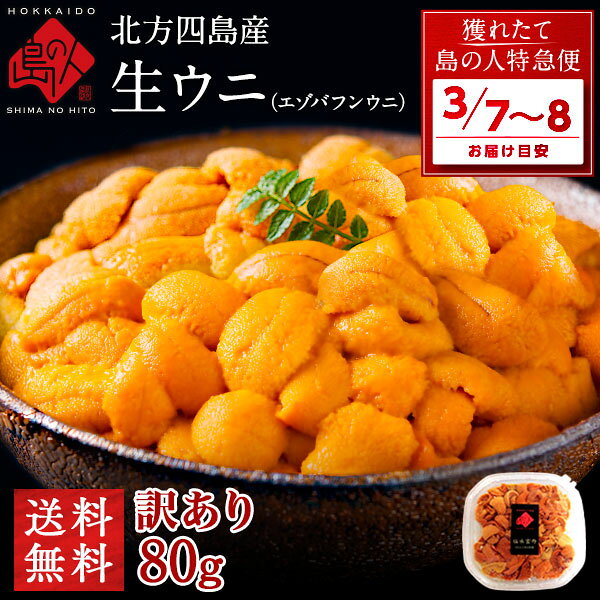 【3月7日～3月8日お届け】うに 天然生エゾバフンウニ 80g 北方四島産【送料無料】【色が赤い訳あり品】北海道 生うに 塩水 パック 雲丹 バフンウニ 海鮮 海産物 食べ物 食品 お取り寄せグルメ 無添加