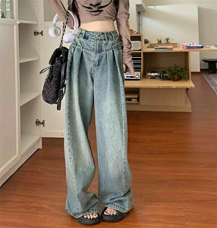 樂天商城 - デニムワイドパンツ レディース デニム ワイド パンツ タックパンツ ロング丈 ジーンズ デニムパンツ ボトムス ハイウエスト リラックス ジーパン バギーパンツ ゆったり おしゃれ 体型カバー 着痩せ ブルー 春 秋 送料無料