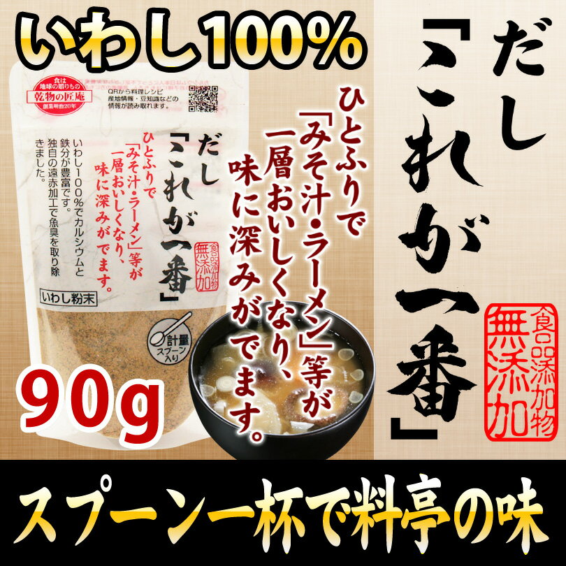 商品名 商品名： だし「これが一番」 90g 商品について 商品について： 原材料：いわしの煮干し 内容量：90g 賞味期限：10ヶ月 保存方法：高温、高湿、直接日光を避けて保存してください。 メール便 1．お買い上げ2，980円（税抜）以上で、送料無料！ 2、本品はメール便対応商品の為、 　　（A）本品のみのお買上の場合 　　　メール便送料290円（別途）×お買上個数　の送料がかかります。 　　 　　例）本品2個ご購入の場合 　　　　　送料580円（メール便送料290円×2）がかかります。 　　（B）本品含む宅配便配送商品との同梱の場合は、 　　　　　宅配便送料がかかります。 　　例）本品1個と花かつお1個ご購入の場合 　　　　　お届け先が関東の場合は同梱して、送料600円でお届けします。 ※ お買い上げ商品に、メール便対応商品が含まれていた場合、 　　購入時、及び、楽天市場からの自動返信メールでは 　　送料が個数分入った状態で表示されますが、後程送料を修正し、 　　店舗より「正式メール」を送らせていただきますので、ご安心ください。 メール便対応商品につきまして メール便送料改定のお知らせ(2018.10.01) 誠に勝手ながら、当店で利用しております運送会社の料金改定に伴い、メール便の送料を290円に改定させていただくこととなりました。何卒、ご理解いただけますようお願い申し上げます。 ・特にご指定がない場合はメール便にて発送いたします。 ・メール便1通ごとに送料290円が発生します。 ・メール便対応商品を複数ご購入の際、過剰に詰め込みますと配送時に商品が 　破損する恐れがあります。その場合、店側で複数の封筒に分ける可能性が 　ございます（○個まで同梱可能となっている商品を除く）。 　その際は正式メールにてご連絡いたします。 ・宅配便のほうが送料が安くなる場合、宅配便に切り替えて発送いたします。 ・配送方法に変更があった場合は正式メールにてご連絡いたします。 　必ずご確認ください。 メール便は宅配便と違い、ご自宅のポストに投函される配送方法です。 送料が安価でありますが、以下の点に十分ご注意ください。 ○配送日時指定はできません。 ○配達に一切の保障がつきません。配送後の紛失・盗難等の問題に関しては 　当店およびヤマト運輸での保障は一切されません。何卒ご了承ください。 おじいちゃん・おばあちゃん・パパ・ママ・お子様。家族みんなで食べてほしいから化学調味料・旨味調味料を一切使わずに仕上げました♪ 遠赤加工で魚臭を取り除いているので、お料理との相性も抜群！ 「料理の腕を上げたね！」「お料理上手になったんじゃない？」と言わせたいなら だし「これが一番」です！！ ＝＝＝＝＝＝＝＝＝＝＝＝＝＝＝＝＝＝＝＝＝＝＝＝＝＝＝＝＝＝＝＝＝＝＝＝＝ 乾物と料理レシピの店匠庵「店長」がオススメします。 だし「これが一番」90g ＝＝＝＝＝＝＝＝＝＝＝＝＝＝＝＝＝＝＝＝＝＝＝＝＝＝＝＝＝＝＝＝＝＝＝＝＝ 　 ISO22000認証取得工場で製造した安心・安全な商品をお届けします！ 　 干すことで栄養と美味しさが増した乾物は、自然の恵みがぎっしり！保存性も高く、いざという時にも役立ちます！ 　 スプーン一杯で料亭の味！ 　 焼そばやお好み焼、お味噌汁、ハンバーグの生地に混ぜて、お料理上手に！ 　 いわし100%だからカルシウムが豊富！成長期の子どもや高齢者にお勧めです。 ※調理時間には乾物を戻す時間、だしを取る時間は含まれていません。 ※カロリーと塩分は目安です。