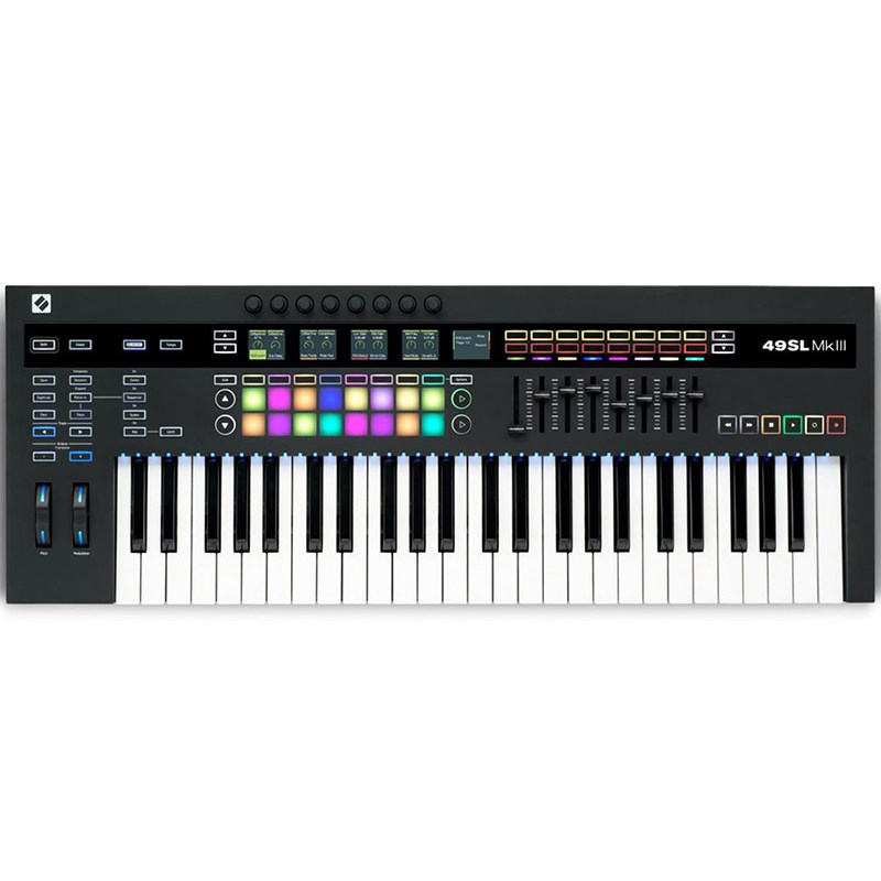 楽器種別：新品MIDIコントローラー/NOVATION 商品一覧＞＞MIDIコントローラー【55，000円〜110，000円】 商品一覧＞＞楽器・機材好きが集まる! イケベの鍵盤＆DTM・REC専門店です！49SL MkIII NOVATION DTM MIDI関連機器商品説明NOVATION USB/MIDI Controller MIDI・DAWはもちろん、CV搭載によりアナログハードウェアにも対応、8トラックポリシーケンサーまで搭載したキーボードコントローラーフラッグシップモデル！・内蔵8trポリシーケンサー、アルペジエイター、LCDスクリーンKEY LED等によりPCなしのスタンドアローン、ハードウェア複数使用のシステムにおいても把握しやすく強力なシステムを構築可能。・豊富な入出力によりアナログ、デジタルハードウェア、DAW等の総合的なシステムを構築可能・[The perfect controller for Live]-ableton社との協力によりAbleton-Liveと最高の相性・InControl モードによって主な各種DAW とのシームレスなコントロール接続端子:USB・MIDI IN， OUT， OUT2 / THRU・Sustain、Expression ペダル端子（1/4 TRS）・CV， Gate， Modulation 各2系統（3.5mm jack ）Footswitch ペダル端子（1/4 TRS ）、Clock outパワーサプライ付属(USBからの給電は不可)●ベロシティ対応セミウェイテッド鍵盤●16フルカラーRGB バックライトベロシティ対応ドラムパッド●8 ロータリーノブ●8スライダー●RGBバックライト付きピッチベンド・モジュレーションホイール●2 オクターブトランスポーズボタン●8トラックポリフォニックシーケンサー（オートメーション可能）●アルペジエイター内蔵●5x RGB TFT LCDスクリーン●キーボードRGB LED●16のアサイン可能なボタンx 2ページ(32 アサイン可能)●アサイン可能なグリッドx 2 ページ(32 アサイン可能なパッド)●8つのゾーンにスプリット可能イケベカテゴリ_DTM_MIDIコントローラー_NOVATION_新品 JAN:0815301001065 登録日:2018/11/14 MIDIコントローラー