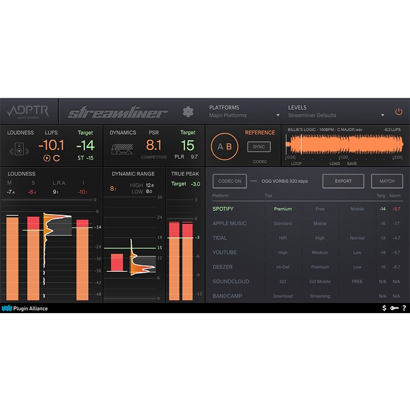 楽器種別：新品DAW／DTMソフト/Plugin Alliance 商品一覧＞＞DAW／DTMソフト/Plugin Alliance/コード販売 商品一覧＞＞DAW／DTMソフト【20，000円〜45，000円】 商品一覧＞＞楽器・機材好きが集まる! イケベの鍵盤＆DTM・REC専門店です！ADPTR AUDIO Streamliner(オンライン納品)(代引不可) Plugin Alliance DTM プラグインソフト商品説明※こちらの製品はシリアルナンバーの販売となり、パッケージは提供されません。■オンライン納品製品に関する注意事項プラグイン本体はメーカーサイトよりダウンロードして頂く必要があります。オンライン納品製品という性質上、一切の返品・返金はお受け付け致しかねます。支払方法は代金引換決済はご利用頂けません。代理店によるシリアル発行まで数日かかる場合がございます。以上、予めご了承の上ご注文下さい。-----■主要なストリーミングサービス環境を再現。ADPTR AudioのStreamlinerを使用することで、すべての主要なストリーミングサービスであなたのマスターがどのように聞こえるかを正確に知ることができます。Streamlinerのシンプルで包括的なコーデック試聴機能により、Spotify、Apple Music、YouTube、その他多くのストリーミング・プラットフォームで使用されているのと全く同じアルゴリズムで、オーディオを簡単に試聴することができます。しかも、Streamlinerはあなたのオーディオがストリーミングやダウンロードのコーデックを通してどのように聞こえるかをすばやく聞くことができるだけではありません。ラウドネス、ダイナミクス、トゥルーピークレベルの最新鋭のメーターを組み合わせた、直感的でパワフルなメータリングツールとしても機能します。追加機能として、自動ラウドネスマッチング、ターゲットレベル、リファレンストラック比較などがあり、あなたのマスターがあなたのお気に入りの作品に匹敵することを確認するにも役立ちます。Streamlinerは、Spotify、Tidal、Apple Music、YouTube Music、Deezer、Pandora、Soundcloud、Bandcamp、Napster、Beatport Pro、Primephonic、Mixcloud、Facebook Video、Instagram、Twitch、Gaana、その他多くのコーデックをサポートしています。ADPTR Audio Streamlinerで、あなたのミックスがエンドリスナーにどのように聞こえるかを正確に聞き、マスターが他のトラックと一緒にプレイリストに掲載されたときに、ラウドネス正規化がどの程度影響するかを発見してください。※最新の動作環境はメーカーサイトにてご確認の上、お求めください。イケベカテゴリ_DTM_DAW／DTMソフト_Plugin Alliance_コード販売_新品 JAN:4533940157634 登録日:2022/10/31 DAW DTM ソフトウェア PCソフト 音楽制作ソフト DAW DTM ソフトウェア PCソフト