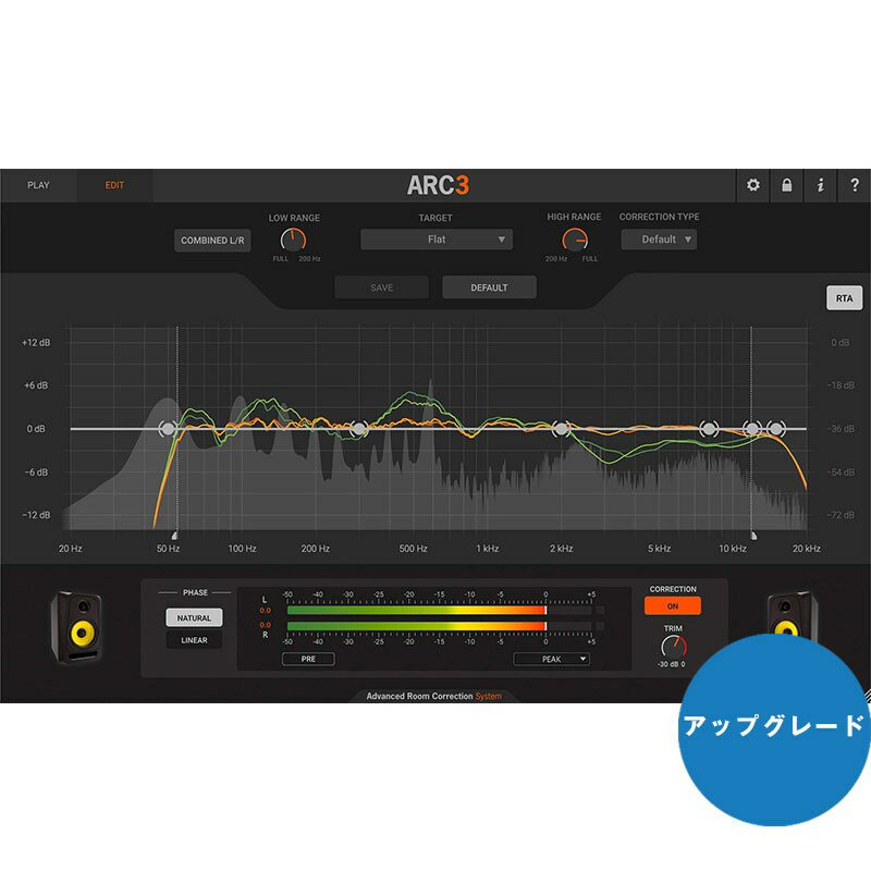 楽器種別：新品DAW／DTMソフト/IK Multimedia 商品一覧＞＞DAW／DTMソフト/IK Multimedia/コード販売 商品一覧＞＞DAW／DTMソフト【10，000円〜20，000円】 商品一覧＞＞楽器・機材好きが集まる! イケベの鍵盤＆DTM・REC専門店です！ARC System 3 Upgrade (Software only)【アップグレード版】(オンライン納品)(代引不可) IK Multimedia DTM その他ソフトウェア（音場測定・補正等）商品説明■オンライン納品製品に関する注意事項・ソフトウェア本体及びマニュアルはメーカーサイトよりダウンロードして頂く必要があります。・オンライン納品製品という性質上、一切の返品・返金はお受け付け致しかねます。・支払方法は代金引換決済はご利用頂けません。・メーカーサイトのメンテナンス時など、シリアル発行まで数日かかる場合がございます。平常時はご決済完了後、1〜3日以内に発行させていただきます。以上、予めご了承の上ご注文下さい。-----※※本販売ページはUpgrade版です!※※本製品は、IK Multimedia有償製品の登録ユーザーのみが利用可能な、Upgrade版です。お持ちの製品がユーザー登録されていることをご確認ください。※以前は99.99ユーロ以上となっていましたが、今回から対象商品の価格の制限はなく、すべての有償製品登録ユーザーが対象です。本製品は、IK Multimedia有償製品の登録ユーザーのみが利用可能な、Upgrade版です。お持ちの製品がユーザー登録されていることをご確認ください。※無料版、他社製品のバンドルなど特典として提供された製品は対象となりませんので、ご了承ください。-----【※こちらの製品はオンライン納品となりますので、MEMS測定マイクは付属いたしません。】★新しい次元の音響補正を●素早く確実なミックスのために、信頼のある音場をARC System 3 は、測定用マイク(※別売)、解析用ソフトウェア、補正プラグインの組み合わせにより、あらゆる空間のモニタリング精度を向上させます。正しく補正された音場は正確で素早いミックスの判断に繋がり、より積極的な音作りのインスピレーションをも提供します。ARC 3 は、Mac / Windows の AAX / AU / VST 対応のDAWにてお使いいただけます。シンプルな測定手順、完全新規の補正アルゴリズム、視認性に優れたGUIなど、どのようなシステムにもすぐに組み込める ARC 3 の設計は、あなたのミックスの精度をより高めてくれることでしょう。●いま聴いている音は、信頼できますか?音楽制作環境にある壁、家具などの物体は、音を反射/吸収し、耳に届く音の周波数バランス、ステレオ音像を歪めます。部屋の音響処理が不十分な場合、その部屋では素晴らしく聞こえるサウンドが、他の環境では聴くに堪えないミックスになってしまうことがあります。ARC System 3 は、高価なルーム・トリートメントを行うことなく、そんな部屋の問題を解析、解消するシステムです。まず、部屋の音響特性を測定、解析し、プロファイルを生成します。次に、お使いのDAWのマスターにインサートされた ARC プラグインにて保存したプロファイをロードします。それだけで、音楽が本来持っているサウンドで聴こえるようになるので、どんなリスニング環境でも通用する偏りのないミックスを、迅速かつ効率的に作成することができるようになります。●IK 独自の VRM 技術による3Dルーム解析ARC System 3 は、新しいルーム解析、補正アルゴリズムを使用しており、他では得られない結果を提供します。リスニング・ポジション周辺にて、3つの異なる高さで測定されたデータは、IK Multimedia 独自の VRM （Volumetric Response Modeling = 体積応答モデリング）テクノロジーによって解析され、サウンドを過剰に処理することなく問題を特定することが可能な、部屋の3Dスナップショットが生成されます。その結果、適切に音響処理された部屋での作業経験同様の、自然なサウンドが補正によってもたらされます。●短時間に、正確な測定を測定用マイクをインターフェイスに接続し、ルーム測定解析ソフトウェアを起動すると、リスニング・ポジション周辺での測定手順がステップ・バイ・ステップで示されます。測定ソフトウェアにはいくつかのリスニング・ポジションに対応したマイク配置オプションが用意されており、合理化されたプロセスにより、10分以内に測定解析を完了させることができます。複数のモニター、リスニング・ポジションにて測定データ作成、保存しておけば、単独作業用、2名チームでの作業用、クライアント席用など、セットアップに合わせてスイート・スポットを調整できます。●純正 MEMS マイク以外の測定マイクにも対応ARC System 3 （Software Only）版には、正確な測定を可能にする IK Multimedia 純正の MEMS（Micro Electrical-Mechanical System）測定マイクは含まれておりません。ARC System 3 ソフトウェアは、純正品以外の測定マイク*にも対応しました。*正しい解析結果を得るためには、「測定用」のマイクが必要となります。●プラグインで補正を適用測定が終わったら、DAWのマスター・バスに ARC System 3 プラグインをインサートして、測定時に保存したプロファイルをロードします。それだけで、ARC System 3 の正確な補正フィルターが部屋の音響特性を補正します。その状態でミックスを行うことで、リスナーが各自の部屋、システムで聴いた時も通用する、偏りのない作品を仕上げることができるようになります。●補正周波数範囲、分解能なども調整可能ARC System 3 には、どのような部屋やセットアップでも理想的なパフォーマンスを実現するように、補正を微調整するための追加コントロールが用意されています。・調整可能な補正範囲初期状態でARCは全帯域の解析を行いますが、補正周波数の上限と下限を定義することで、モニター固有のキャラクターを意図的に維持したり、補正を特定の周波数範囲に限定することができます。・分解能とスムージングの変更修正フィルターの分解能を調整して、周波数バンド数を加減することで、顕微鏡的な細かい修正したい時、より広く滑らかなバランスをとりたい時と、部屋の特性、目的によって使い分けることができます。・2つの位相モードナチュラル、リニアという2つの位相モードにより、正確なステレオ・イメージングを実現します。ナチュラル選択時は位相応答を改善し、リニア選択時は既存の位相応答を保持します。●リスナーの環境を再現するバーチャル・モニタリングARC System 3 には、作品が聴かれる環境を想定した再生を行う「バーチャル・モニタリング」機能が搭載されています。テレビ、スマートフォン、カーオーディオ・システムからスタジオ定番のモニター・スピーカーまで、いろいろなデバイスを再現した「バーチャル・システム」で再生することで、どんな環境で聴かれても「伝わる」ミックス、マスターになっているかを確認することができます。●ミックス時に役立つメーターも装備ARC System 3 には、ピーク、RMS、ラウドネス、ダイナミックレンジ・メーターなど、ミックス時の判断、ワークフローのスピードアップに役立つ便利なメーター類も用意されています。リアルタイム・スペクトラム・アナライザーは、補正前の信号を表示し、部屋がサウンドにどのような影響を与えていたかを示します。●素早く確実なミックスのために・室内音響を劇的に改善・ミックスに必要不可欠な「正しい」サウンドを提供・複数のシステムでオーディションする工程をスキップ・場所を問わず適切な音場補正を実現●短時間の測定と正確な解析・シンプルな測定手順と新規の解析ソフトウェア・3Dルーム解析による正確で自然なサウンドを実現・複数のリスニング・ポジションに対応・純正 MEMS マイク以外の測定マイクにも対応●優れた補正精度と充実の補正後コントロール・完全新規の補正アルゴリズムによる正確な補正・2種類の位相モードで正確なステレオイメージを実現・補正用フィルターの分解能を調整し特性/目的に合わせた調整が可能・補正周波数の上限と下限を設定可能●ミックスの基盤を改善する強力なツール・バーチャル・モニタリング機能によりさまざまな再生環境での鳴り方を再現・ピーク、RMS、ラウドネス、ダイナミックレンジ・メーターを装備・リアルタイム表示のスペクトラム・アナライザーを搭載・Retina 対応、リサイズ可能なGUI■主な特徴◎測定用マイク、解析用ソフトウェア、補正プラグインによる音場補正◎あらゆる環境の周波数バランス、ステレオ・イメージの改善に有効◎部屋に高価な整音施工を必要とせず、シンプルな手順で音場を改善◎バーチャル・モニタリング機能により、さまざまな再生環境での鳴り方を再現◎新機能・3Dルーム解析による正確で自然なサウンドを実現・シンプルな操作手順の解析用ソフトウェア・優れた補正精度と充実の補正後コントロール・純正MEMSマイク以外の測定用マイクにも対応※こちらの製品はオンライン納品となりますので、MEMS測定マイクは付属いたしません。※最新の動作環境はメーカーサイトにてご確認の上、お求めください。イケベカテゴリ_DTM_DAW／DTMソフト_IK Multimedia_コード販売_新品 JAN:4530027195503 登録日:2023/04/16 DAW DTM ソフトウェア PCソフト 音楽制作ソフト DAW DTM ソフトウェア PCソフト IKマルチメディア IK