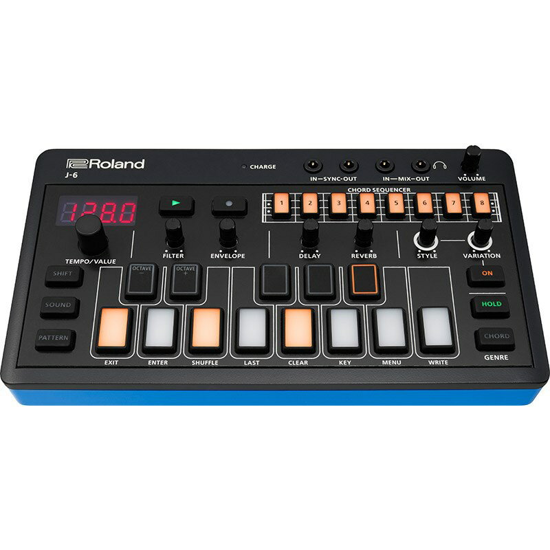 楽器種別：新品シンセサイザー/Roland 商品一覧＞＞シンセサイザー【15，000円〜30，000円】 商品一覧＞＞楽器・機材好きが集まる! イケベの鍵盤＆DTM・REC専門店です！J-6 CHORD SYNTHESIZER(AIRA Compact) Roland シンセサイザー・電子楽器 シンセサイザー商品説明★クリエイティブなコード・シーケンサーとJUNO-60 サウンドを備えた音楽ガジェットJ-6 は、コード理論不要でコード・サウンドを組み立てて、あなたの思いついたアイデアをカタチにできるコード・シンセサイザーです。強力なコード・シーケンサーとJUNO-60 のサウンドを組み合せて、無限にインスピレーションを掻き立てます。◎Rolandサウンドと機能を備えたポータブルなコード・シーケンサー◎クラシックからモダンなジャンルまで、幅広い音楽ジャンルを網羅する100種類のChord Set◎アルペジオやリズムのパターンが異なる9 Style x 12 Variationを搭載。コード・サウンドを様々に変化させることが可能◎コード・シーケンサーには、最大64ステップまで入力可能な64のユーザーパターンを搭載◎4ボイスの本格的なサウンドと振舞いを備えたJUNO-60シンセ・エンジンをACB（Analog Circuit Behavior）により実現◎JUNO-60直系の64種類のプリセット音色を搭載◎Filter、Envelopeのコントロールを搭載し、リアルタイムに音のエディットが可能◎高品位でカスタマイズ可能なDelay、Reverbを搭載◎AUDIO MIX、MIDI、SYNCのIN/OUTに加え、AIRA LINKにも対応し、様々な機器との接続が可能◎USB-CによるAUDIO / MIDIインターフェース機能を搭載し、ドライバーのインストール必要なくDAWとの連携を実現◎電源にリチウムイオン電池を採用し、1回の充電で最大4.5時間の動作が可能◎高品質のラバーパッドを搭載した、気軽に持ち運べるボディ◎オプションのBOSS TRS MIDIケーブルを使用して、他のAIRA CompactやMIDIデバイスと接続が可能●コード天国J-6 は、幅広いジャンルをカバーする100 種類のChord Setを搭載しています。コードや作曲の理論を学ぶ必要はありません。コードセットを呼び出して、キーボードボタンでコードサウンドを聴きながらシーケンサーに打ち込んで、あなたのひらめきをカタチにしましょう。新しい曲のアイデアを作ったり、ライブ・パフォーマンス用の伴奏を作成したり、他のMIDI 機器をコード演奏したり、あなたの音楽へ幅広く活用できます。送信したと、幅広く活用できます。●フレーズで生まれ変わるコードJ-6 に搭載されたStyle とそのVariation は、全音符だけのシンプルなコード・サウンドに動きをつけます。Style やVariationを変える度に、コード・サウンドがアルペジオやフレーズのパターンへ変化。あなたのアイデアのひらめきを素早く形にする手助けをします。●作曲の瞬間アイデアが思い浮かんだら、J-6 の出番です。最大64 ステップ入力可能なコードシーケンサーで直感的にコード進行を組み立てて、あとはスタイルとバリエーションによってコード・サウンドにフレーズを追加。たったこれだけで、あなたの思い描いた曲のベースが固まっていきます。●音作りで仕上げ思い描いた曲のベースが決まってきたら、お好みのサウンドに近づけていきましょう。64 個のプリセットから色々な音色を試しながら、Filter とEnvelope をリアルタイムに動かして微調整。最後にReverb とDelayで仕上げていきます。●コード・サウンドにはJUNOJ-6 は、今でも愛され続けるJUNO-60 サウンドをACB で再現。64 種類のプリセット音色を搭載し、コード・シーケンサーやキーボード・ボタンでの演奏はもちろん、拡張用のサウンド・モジュールとして外部MIDI コントローラーで演奏することも可能です。●コード・サウンドで広がる音楽多様なIN/OUT を搭載したJ-6 は、他のAIRA Compactやガジェットに組み合わせていくことができます。T-8 BeatMachine のドラムとベースの上にコードをのせたり、E-4Voice Tweaker を使ってボーカルを追加したり、USB でDAWやモバイル・ミュージック・アプリに接続したりと、幅広く活用できます。●いつでもどこでもコンパクトで持運びに便利なJ-6 は、場所を選ばず自由に音楽を楽しむことができます。 内蔵のリチウムイオンバッテリーにより、1 回の充電で最大4.5 時間使用可能。いつでもどこでも、お手軽に曲のアイデアを練ることができます。■仕様◎ユーザー・パターン数64◎シーケンサー最大64 小節◎音色数プリセット・パッチ： 64◎エフェクトDELAY、REVERB◎ディスプレイ7 セグメント4 桁（LED）◎接続端子SYNC （IN、OUT） 端子： ミニ・タイプMIX （IN、OUT） ／ PHONES 端子： ステレオ・ミニ・タイプMIDI （IN、OUT） 端子： ステレオ・ミニ・タイプUSB 端子： USB Type-C （R） （オーディオ、MIDI）◎電源充電式リチウムイオン電池USB 端子より取得（USB バス電源）◎消費電流500mA◎連続使用時の電池の寿命約4.5 時間　※使用状況によって異なります◎電池の充電時間約3 時間※充電にはパソコンなどのUSB 端子、または市販のUSB電源アダプターが必要です（5V、500mA 以上）。◎外形寸法188 （幅） × 106 （奥行） × 36.2 （高さ） mm◎質量（電池含む）295g◎アクセサリー「はじめにお読みください」チラシ保証書USB Type-C to USB Type-A ケーブルイケベカテゴリ_キーボード_シンセサイザー_Roland_新品 JAN:4957054518820 登録日:2022/05/07 シンセサイザー シンセ Synth ローランド ろーらんど