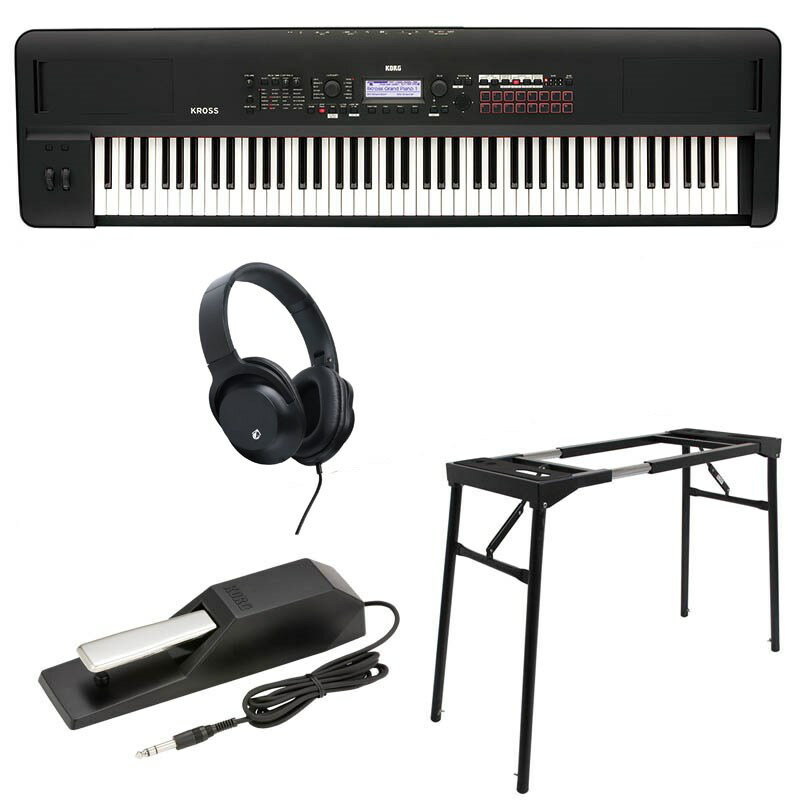 楽器種別：新品シンセサイザー/KORG 商品一覧＞＞シンセサイザー【95，000円〜180，000円】 商品一覧＞＞楽器・機材好きが集まる! イケベの鍵盤＆DTM・REC専門店です！KROSS2-88MB【エントリーセットA】※配送事項要ご確認【kbdset】 KORG シンセサイザー・電子楽器 シンセサイザー商品説明※沖縄・離島等、一部の地域へのご配送は別途送料お見積もりとなります。お気軽にお問い合わせ下さい。【入門セット】☆シンセサイザーを始めてみたい初心者の方向けのお買い得なセットです！セット内容・KROSS2-88MB・汎用テーブル型スタンド・ヘッドホン・KORG DS-1H(純正ダンパーペダル)※スタンド等は在庫状況により同等品に代えさせて頂く場合がございますので、予めご了承ください。★圧倒的な質感とリッチなサウンドが加わった、ピアノ・タッチの定番シンセピアノ、ドラム、シーケンサー、サンプラー。全ての要求に応えるオール・イン・ワン、シンセサイザーKROSS 2-88鍵モデルが新たに、ラバー塗装による「スーパー・マット・ブラック」カラーを採用。定評あるKROSS 2のサウンドを全てをカバーしつつ、さらに美しい響きを誇るピアノを始めとする即戦力プログラムを拡張エリアに追加しました。すぐに違いがわかるクラスを超えた質感とリッチなサウンドを装備し、格段にグレードアップした定番シンセを、ぜひあなたのメイン・キーボードに選んでください。●ラバー塗装による、クラスを超えた最高のボディ・フィニッシュKROSS 2-88-MBには、手触りの良い上質なラバー塗装による「スーパー・マット・ブラック」カラーを採用しました。高級なラバー塗料を贅沢に用いた、ワンランク上の佇まいを味わって頂けます。●追加PCMによるリッチなサウンド1，000以上もの豊富なプリセット音色に、さらにPCMを追加することにより実現したピアノやエレクトリック・ピアノ、最新のEDMに対応するシンセ、ドラムなど、新たなプログラムを128個、ドラム・トラック・パターンを27個搭載しました。●表現力豊かな演奏が可能なピアノ鍵盤。KROSS 2-88-MBでは、NH（ナチュラル・ウェイテッド・ハンマー・アクション）鍵盤を採用。アコースティック・ピアノと同様の、低音部では重く、高音部では軽くなるタッチを再現し、指先の繊細な表情まで豊かに表現します。この鍵盤はピアノやエレピなど細かいニュアンスを表現可能な音色において、強い威力を発揮します。■Specifications◎鍵盤88鍵 NH鍵盤（ナチュラル・ウェイテッド・ハンマー・アクション、ベロシティ対応、アフタータッチ非対応）標準 A0 〜 C8（[-A1 ... C7] 〜 [A1 ... C9] の範囲で可変）* NH鍵盤は、低音部では重く、高音部では軽くなる、アコースティック・ピアノのタッチを再現する鍵盤です。◎音源部・ユーザー・コンビネーション：896（384プリロード・コンビネーション）・ユーザー・プログラム：1，280（768 + 128プリロード・プログラム）・ユーザー・ドラムキット：58（42 + 5プリロード・プログラム）・プリセット・プログラム：265（256 GM2プリセット・プログラム、9 GM2プリセット・ドラム・プログラム）※ 総プリロード／プリセット・プログラム数：1，208（943プリロード・プログラム、265プリセット・プログラム）◎主要規格・外形寸法：1，448（W）× 383（D）× 136（H）mm・質量：12.3kgイケベカテゴリ_キーボード_シンセサイザー_KORG_新品 登録日:2021/06/05 シンセサイザー シンセ Synth コルグ