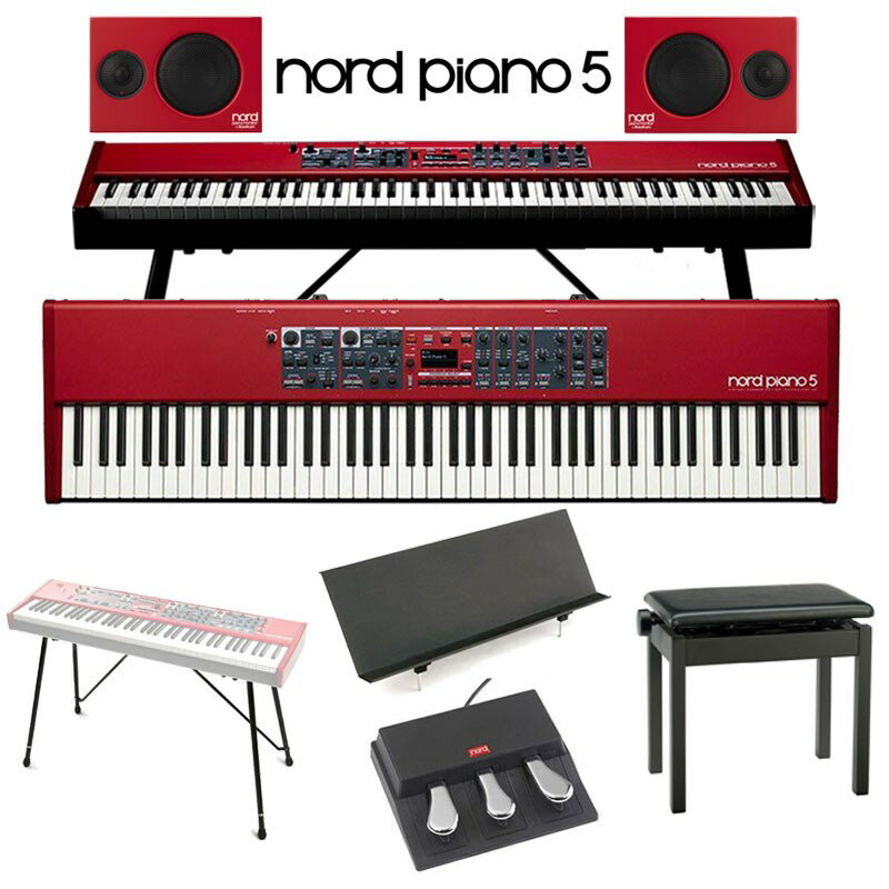 楽器種別：新品電子ピアノ/Nord（CLAVIA） 商品一覧＞＞電子ピアノ【415，000円〜780，000円】 商品一覧＞＞楽器・機材好きが集まる! イケベの鍵盤＆DTM・REC専門店です！Nord Piano5 88【マイルームセレクション_デラックス】【kbdset】 Nord（CLAVIA） シンセサイザー・電子楽器 ステージピアノ・オルガン商品説明※こちらの商品は、弊社提携配送センター(土・日・祝日も営業)からの出荷となります。※大型商品の為、佐川急便でのご配送となります。尚、代金引換は承っておりませんので、予めご了承下さいませ。【沖縄・離島へのご配送について】本商品を沖縄及び離島へ発送の際は、送料別途お見積もりとなります。また、沖縄及び離島へ配送の場合、納期に1週間前後お時間を頂く場合がございます。ご注文前にお問い合わせ下さい。-----★Nord Piano 5 88をお部屋でゆっくり味わう、そんな上質な時間をイメージしたマイルームセレクションシリーズ！■セット内容・Nord Piano 5 88・Nord Music stand V2・Nord keyboard Stand EX・Nord Piano Monitor V2・お手入れクロス・Roland BNC-05-BK2 高低自在椅子-----【Nord Piano 5 88】Clavia 社が創業以来一貫して追求してきた「ステージで使うための楽器」として、プレイヤーがストレスなく演奏に集中できるよう、わかりやすい操作体系、定評のあるピアノ音色・サンプル音色、そして手軽にレイヤー・スプリットできる最大4レイヤー可能な音源を搭載しています。■製品の仕様◎主な仕様・有機LED（OLED）ディスプレイ・シームレス・トランジション・スプリットポイント クロスフェード・プログラム：400（16 バンク X 25 プログラム）・プログラムのオーガナイズ機能・ライブモード：5 ライブ・プログラム・グローバル・トランスポーズ：±6 半音・プログラム・トランスポーズ：±6 半音・ファイン・チューン：+/- 50 セント・キーボードタッチ：ベロシティーカーブ3 種・トリプル・センサー・キーボード + バーチャル・ハンマーアクション・テクノロジー・スプリット機能：スプリットポイントを選択可、LED で明示・レイヤー機能・モノラルアウトプット機能・Nord Triple Pedal 同梱：ダイナミック・サステインペダル・アクション・USB-MIDI 機能・OS updates は無料で利用可能◎ピアノ・セクション・2 つの独立したレイヤー・6 タイプのピアノ：グランド、アップライト、エレクトリック、デジタル、レイヤー、クラビネット、ハープシコード・各カテゴリー最大20 モデルまで搭載可能・同時発音数120 音 (stereo/mono 共に)・ピアノティンバー機能：ソフト、ミッド、ブライト（アコースティックピアノ）、Dyno 1 / 2（エレクトリックピアノ）・レイヤーデチューン機能：3段階・アドバンスド・ストリング・レゾナンス（第2 世代）：量は調節可・ソフトリリース：選択可：グランド、アップライト、エレクトリックピアノ、ハープシコード・ペダルノイズ：選択可：グランド、アップライト、エレクトリックピアノ1：量は調節可・オクターブ・トランスポーズ：-1 / +1（スプリットモードでは-6 / +6、スプリットポイントによって変わる）◎サンプル・シンセ・セクション・同時発音数：40 音以上・アンプエンベロープ：アタック、ディケイ/リリース・ティンバー機能：ブライト、ソフト・ビブラート機能：量は調節可、3種のディレイ設定・ユニゾン機能：3段階で調節可・ベロシティセンス：ローパスフィルター、ダイナミクス・オクターブ・トランスポーズ：-1 / +1（スプリットモードでは-6 / +6、スプリットポイントによって変わる）・フットコントローラー（別売）で?量コントロール可能◎メモリ・Nord Piano Library：合計 2GB・Nord Sample Library：合計 1GB◎エフェクト・セクション・エフェクト1：パン、トレモロ、ワウ、リングモジュレーター（パン、トレモロは3 段階のデプスを選択可、レイトノブでレイトを調節可、トレモロ、パン、リングモジュレーター、ワウはフットコントローラーでコントロール可）・エフェクト2：フェイザー1/2、フランジャー、コーラス1/2、バイブ（2段階のデプスを選択可）・アンプシミュレーション、コンプレッサー、EQコンプ/アンプ：3タイプのアンプ/スピーカーシミュレーション、チューブ・オーバードライブ（ドライブ/コンプレッションの度合いはドライブ・ノブで調節可）EQ：3バンド、MID はスウィープ可、+/-15dB ゲイン/アッテネート、グローバルモード・ディレイ：レイト、アマント調節可能、タップテンポ、ピンポンモード、グローバルモード・マスターエフェクト：リバーブ（ブース、ルーム、ステージ、ホール、カテドラル、ダーク/ブライト、コーラル（モジュレーション効果）◎接続端子・オーディ出力： LEFT OUT、RIGHT OUT、標準ジャック（アンバラス）・ヘッドフォン出力：標準ステレオジャク・モニター入力：ミステレオジャック・サステインペダル入力：標準ジャック（付属またはモーメンタリ・タイプのペダルをご使用ください）・コントロールペダ入力： TRS ジャック・MIDI：MIDI IN、MIDI OUT（5 ピン DIN コネクター）・USB：タイプ B コネクター・電源コネクター： IEC C14 CONNECTIONS◎寸法・Nord Piano 5 73: 1070mm (W) X 342mm (D) X 120mm (H)・Nord Piano 5 88: 1287 mm (W) X 342mm (D) X 120mm (H)・Nord Triple Pedal: 264 mm (W) X 224 mm (D) X 70 mm (H)◎重量・Nord Piano 5 88: 18.5 kg・Nord Piano 5 73: 15.5 kg・Pedal: 2 kg◎同梱品・Nord Triple Pedal x 1・ユーザマニュアル（英文） x 1・電源ケーブル x 1・保証書 x 1・重要なお知らせ x 1イケベカテゴリ_キーボード_電子ピアノ_Nord（CLAVIA）_新品 登録日:2023/02/16 電子ピアノ デジタルピアノ ピアノ ノード クラビア クラヴィア