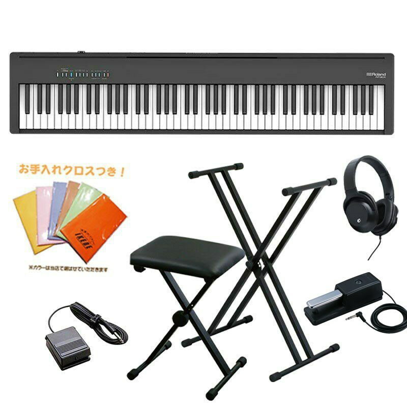 楽器種別：新品電子ピアノ/Roland 商品一覧＞＞電子ピアノ【55，000円〜105，000円】 商品一覧＞＞楽器・機材好きが集まる! イケベの鍵盤＆DTM・REC専門店です！FP-30X-BK+X型スタンド+X型イス+DP-10セット【ヘッドホン・お手入れクロス付】【沖縄・離島送料別途お見積もり】【代引不可】 Roland 電子ピアノ・その他鍵盤楽器 電子ピアノ商品説明※こちらの商品は、弊社提携配送センター(土・日・祝日も営業)からの出荷となります。※大型商品の為、佐川急便でのご配送となります。尚、代金引換は承っておりませんので、予めご了承下さいませ。【沖縄・離島へのご配送について】本商品を沖縄及び離島へ発送の際は、送料別途お見積もりとなります。また、沖縄及び離島へ配送の場合、納期に1週間前後お時間を頂く場合がございます。ご注文前にお問い合わせ下さい。セット内容・Roland FP-30X(フットスイッチ付属)・汎用X型スタンド・汎用X型イス・純正ダンパーペダル（Roland DP-10）・ヘッドホン・お手入れクロス★スピーカー内蔵のポータブル・ピアノ　FP シリーズがグレードアップいつでもどこでも自由に演奏を楽しめるポータブル・タイプのFP シリーズより、FP-90X、FP-60X、FP-30X がグレードアップして新登場。スマートなデザインはそのままに、豊かな響きのピアノ・サウンドをはじめ、最新技術を盛り込みました。ホームユースでお使いいただきやすい、ピアノを弾きたくなる機能も強化。ピアノ初心者から上級者まで、ご自宅で気軽に楽しみたい方から、どこでもアクティブに持ち出して演奏したい方まで、マルチに活躍する本格派ポータブル・ピアノです。◎豊かな響きと粒立ちのよいピアノ・サウンドにグレードアップ。ピアノを弾きたい気持ちに応える機能も充実。◎FP-30X ：Bluetooth オーディオに対応。最大同時発音数256 音で余裕のある演奏が可能に。アウトプット端子は標準タイプ（L/Mono、R） を装備。◎FP-30X：・Bluetooth オーディオ機能・アウトプット（L/Mono、R）端子：標準タイプ・譜面立て：角度を改良、底面に滑り止めを装備●空間の響きを味わう高品質なピアノ・サウンド持ち運び可能なスタイリッシュなボディに表現力豊かなピアノ音と鍵盤を搭載したFP シリーズが一新。コンパクトな本体はそのままに、スピーカーからのサウンドを調整することで、より粒立ちの良い、広がりのあるピアノ・サウンドを実現しました。FP-90X はピュアアコースティック・ピアノ音源／アンビエンスを採用。美しく表現力の高いピアノ・サウンドと、演奏する空間の音響特性をモデリングで再現した極上の響きをお楽しみいただけます。本体背面に開口を追加したことで、より一層広がりのあるサウンドを可能にしています。FP-60X は空間の響きを楽しめるアンビエンスを新たに搭載。臨場感のある演奏を可能にしています。FP-30X は音とタッチのバランスを見直しより華やかで粒立ちの良いサウンドに。最大同時発音数256 音も相まって、余裕のある演奏を実現します。●ピアノを弾きたい気持ちに応える新機能ピアノとスマートフォンやタブレットを無線接続できるBluetooth オーディオ/MIDI 機能をFP-X シリーズ全モデルに搭載。オリジナル無料アプリ「Piano Every Day」にも対応し、日々の練習を記録したり、内蔵曲を譜面表示したり、楽しさも広がります。さらにFP-90X/60X には、外部から入力されるオーディオの曲のテンポに合わせてクリック音を鳴らすことができる新機能「オート・テンポ」を搭載。Bluetooth オーディオ機能を活用すれば、お好みの曲や動画の音声を再生して、クリック音を聞きながら一緒に演奏することも可能です。また、内蔵曲（デモ曲）には、すぐに弾いて楽しめるピアノ・アレンジの2 曲を新規収録。独学でも演奏にチャレンジしやすい曲で、弾きたい気持ちに応えます。また動画投稿で人気のピアニスト まらしぃ氏のオリジナル演奏も新たに追加しています。■FP-30X主な仕様〇接続端子：DC In 端子、Pedal1（Damper）端子（別売ペダル使用時連続検出対応）、Pedal2（Damper、Sostenuto、Soft）端子（専用ペダル・ボード　KPD-70 使用時）、Output（L/Mono、R）端子：標準タイプ、USB Computer 端子：USB B タイプ、USB Memory 端子：USB A タイプ、Phones 端子× 2：ステレオ・ミニ・タイプ、ステレオ標準タイプ〇電源：AC アダプター〇消費電力：16W（付属AC アダプター使用時）商品詳細〇外形寸法：・譜面立てをはずしたとき：1，300（幅）× 284（奥行）× 151（高さ）mm・別売り専用スタンドKSC-72 使用、譜面立て含む：1，300（幅）× 344（奥行）× 931（高さ）mm〇質量：14.8kg（譜面立て含む）、23.0kg（別売り専用スタンドKSC-70 およびペダル・ボードKPD-70 使用、譜面立て含む）〇付属品：取扱説明書、「安全上のご注意」チラシ、AC アダプター、電源コード、譜面立て、ペダル・スイッチ（DP-2）、保証書イケベカテゴリ_キーボード_電子ピアノ_Roland_新品 登録日:2021/07/15 電子ピアノ デジタルピアノ ピアノ ローランド ろーらんど